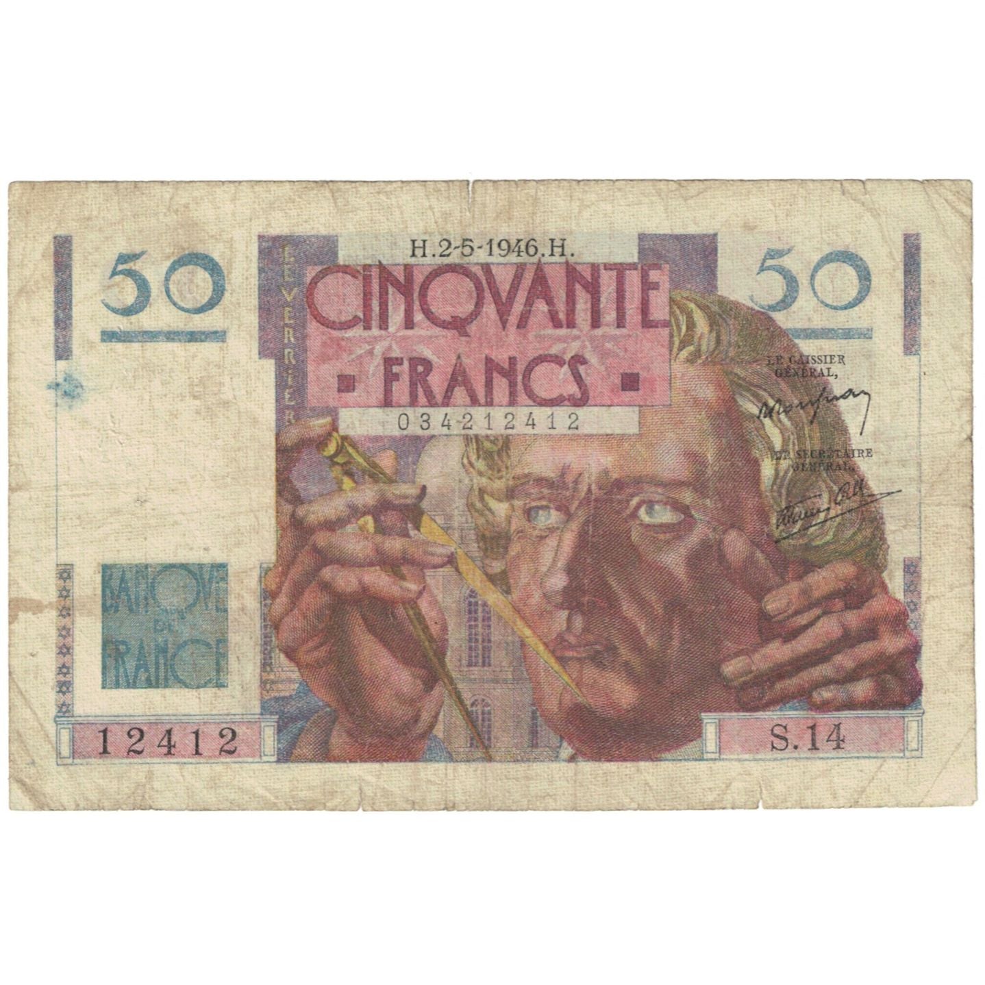 França, 50 Francs, Le Verrier, 1946, S.14, VF(20-25), Fayette:20.3, KM:127a
