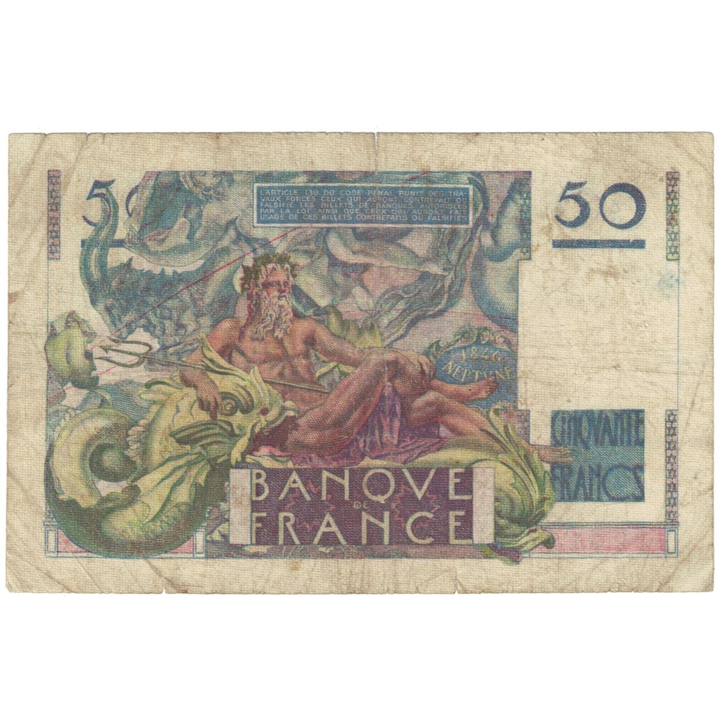 França, 50 Francs, Le Verrier, 1946, S.14, VF(20-25), Fayette:20.3, KM:127a