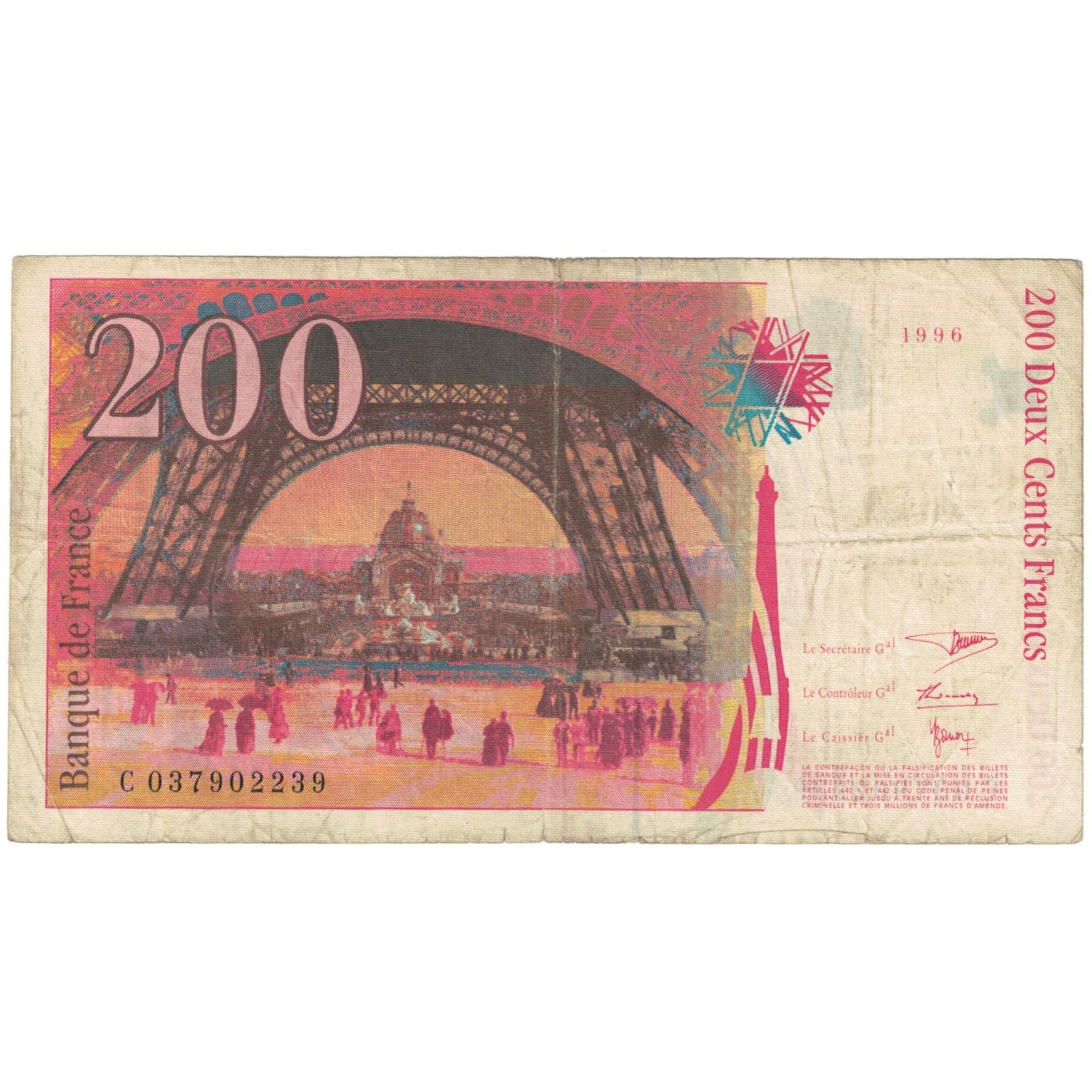 Banconote, Francia, 200 Francs, 200 F 1995-1999 ''Eiffel'', 1996, MB
