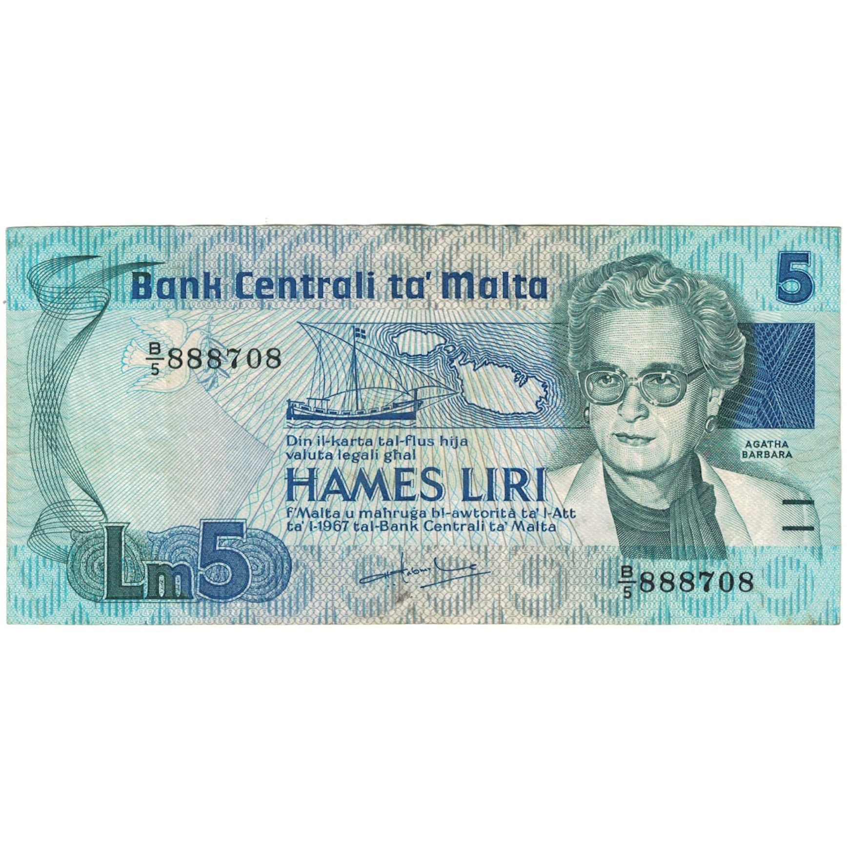 Banknote, Malta, 5 Liri, 1967, KM:38, EF(40-45)