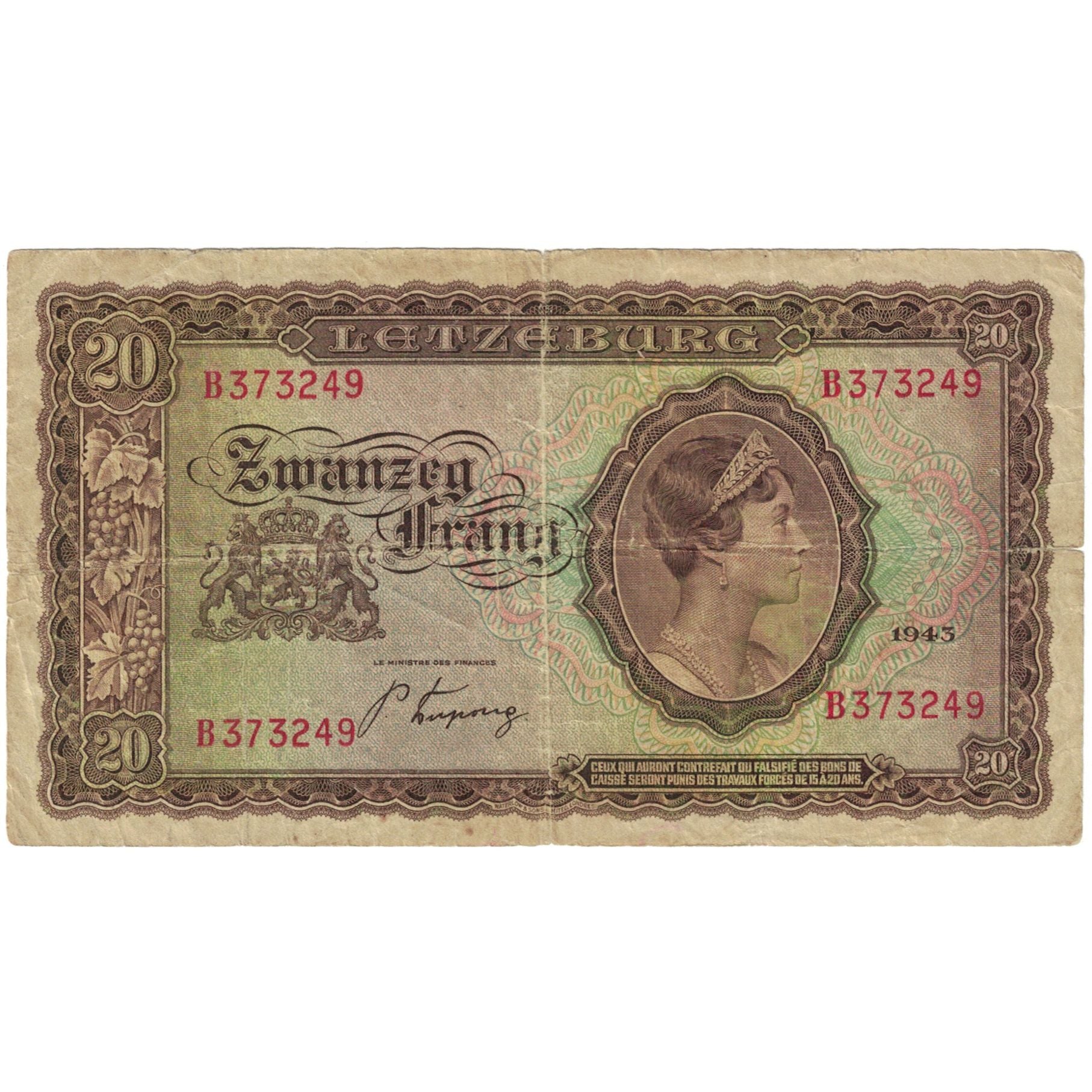 Banknote, Luxembourg, 20 Frang, 1943, KM:42a, VF(20-25)