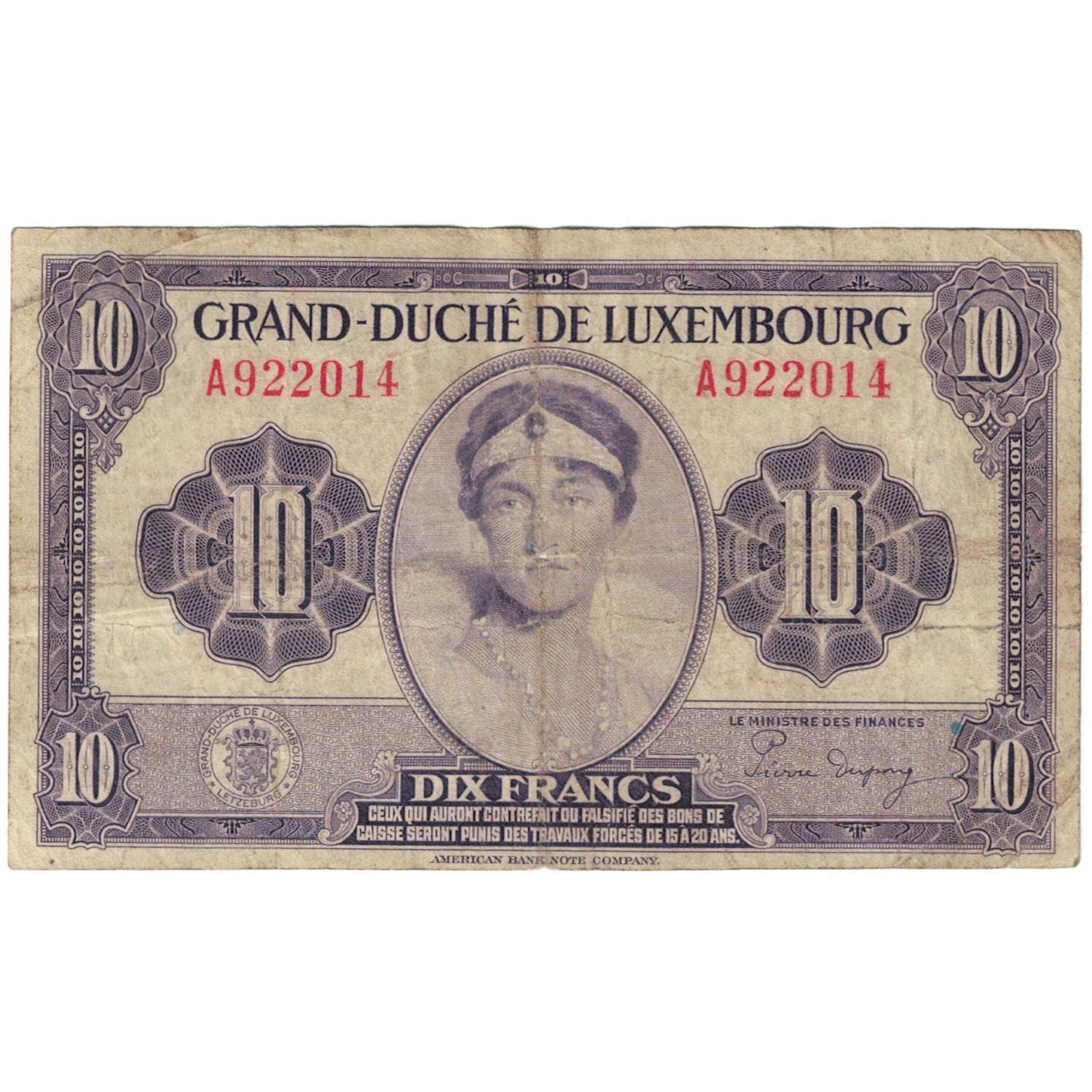 Banconote, Lussemburgo, 10 Francs, 1944, KM:44a, MB+