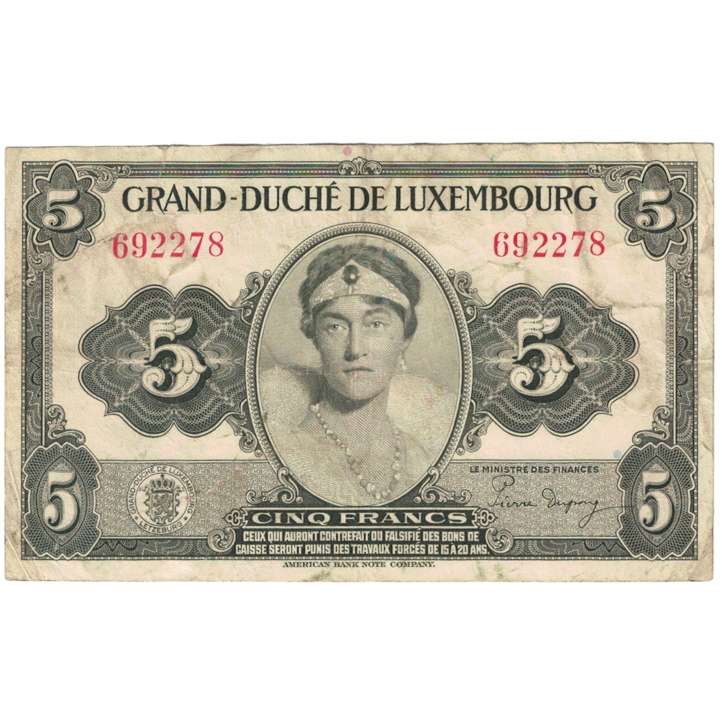 Banknote, Luxembourg, 5 Francs, Undated (1944), KM:43b, EF(40-45)