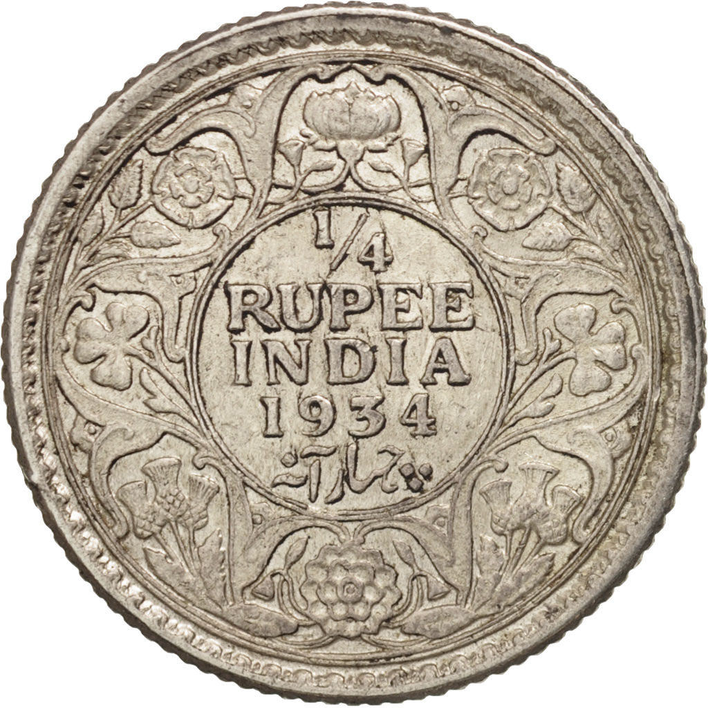 Coin, INDIA-BRITISH, George V, 1/4 Rupee, 1934, Calcutta, AU(50-53), Silver
