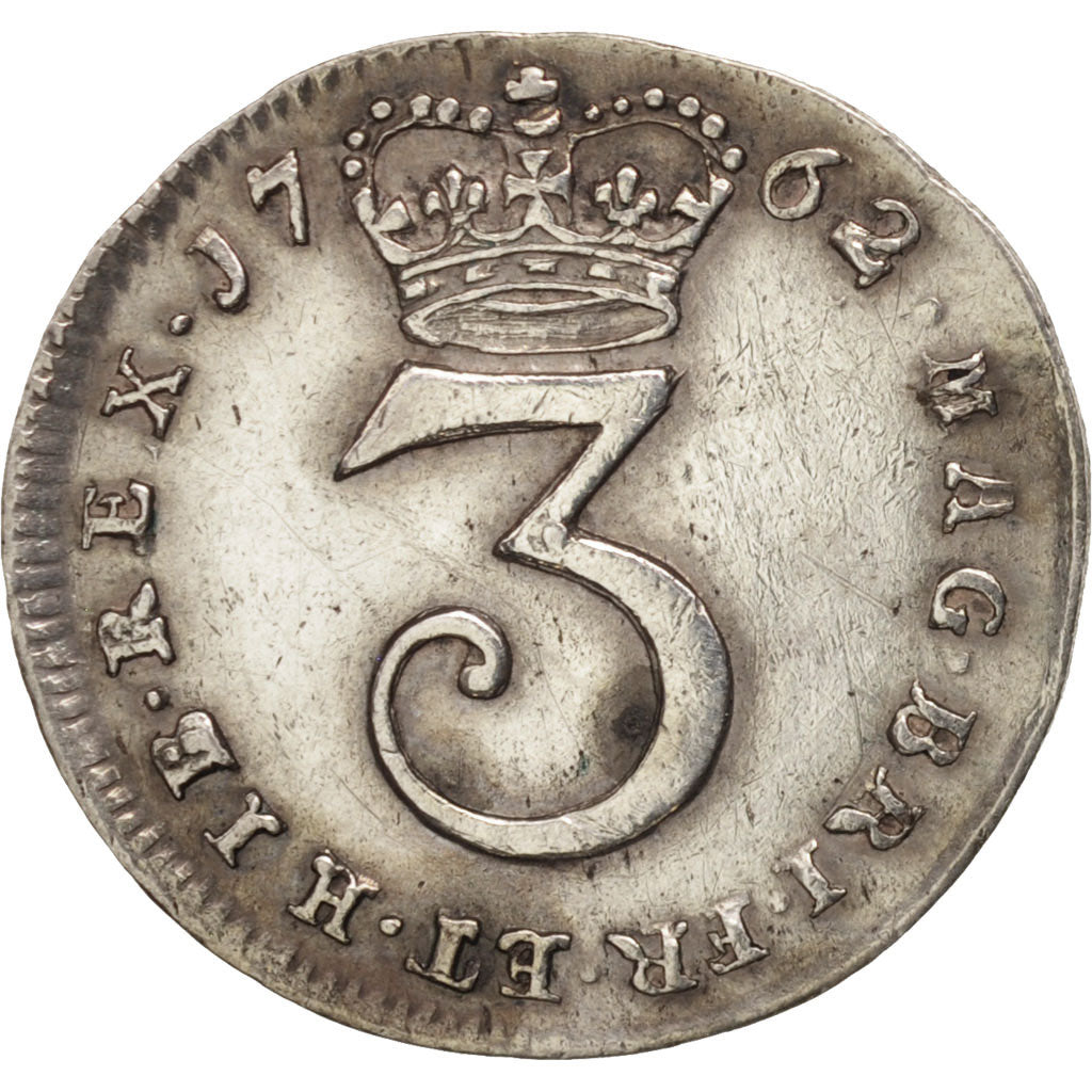 Great Britain, George III, 3 Pence, 1762, AU(50-53), Silver, KM:591