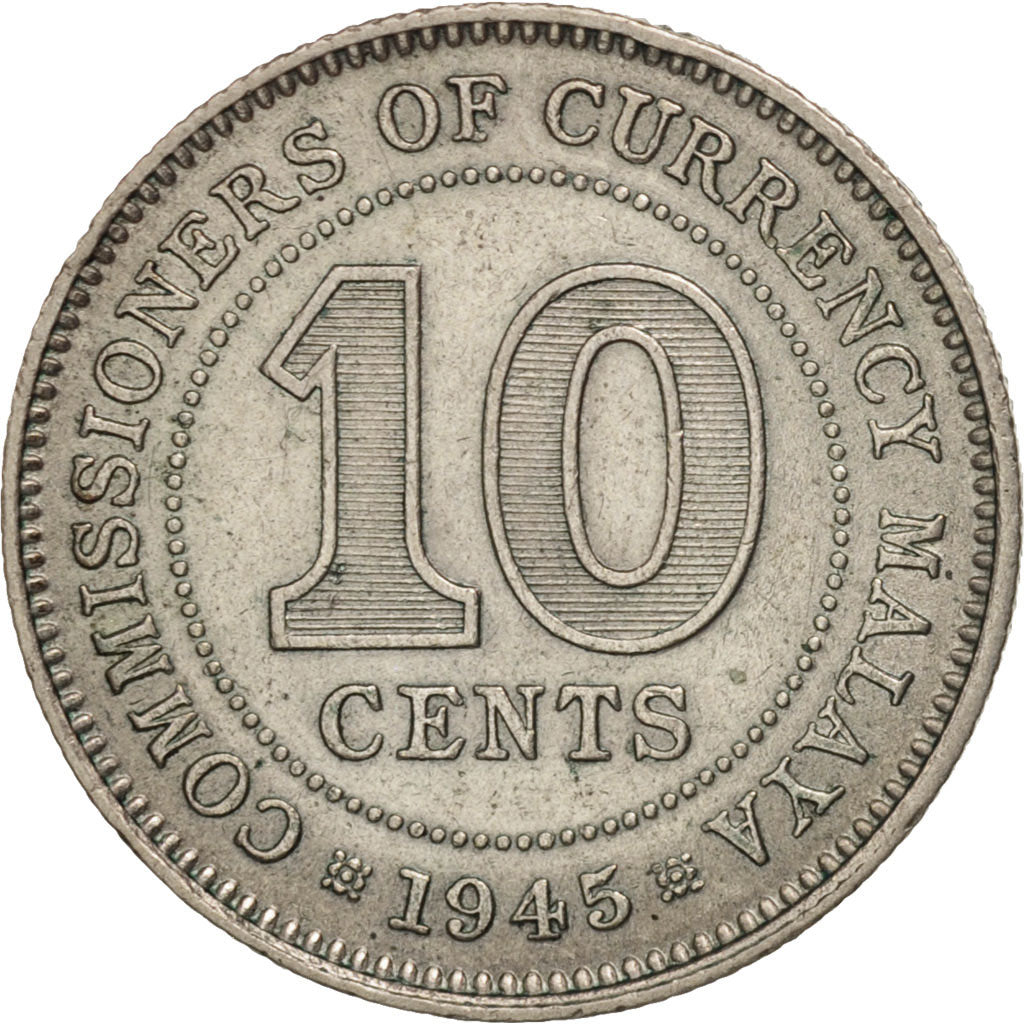 MALAYA, 10 Cents, 1945, AU(50-53), Silver, KM:4a