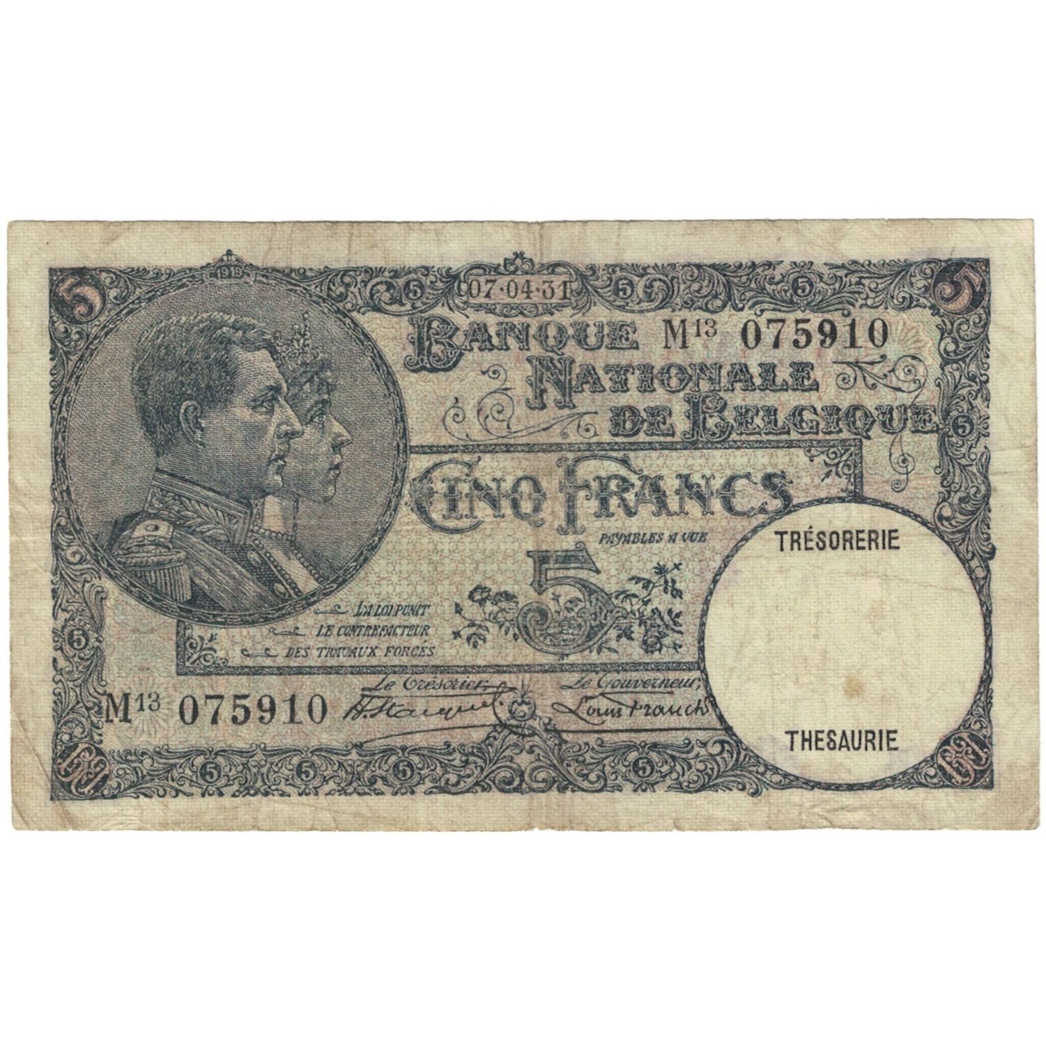 Banknote, Belgium, 5 Francs, 1931, 1931-04-25, KM:97b, VG(8-10)