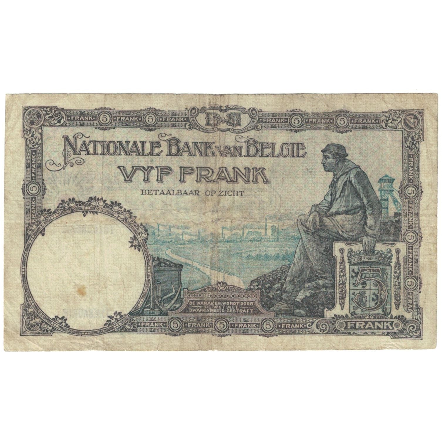 Banknote, Belgium, 5 Francs, 1931, 1931-04-25, KM:97b, VG(8-10)