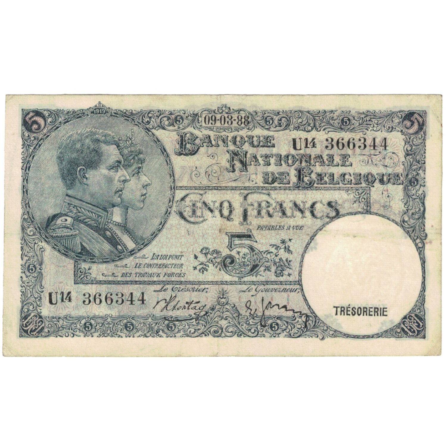 Billet, Belgique, 5 Francs, 1938, 1938-03-09, KM:97a, B
