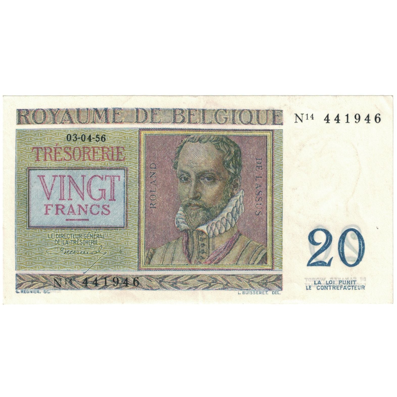 Billet, Belgique, 20 Francs, 1956-04-03, KM:132b, SPL