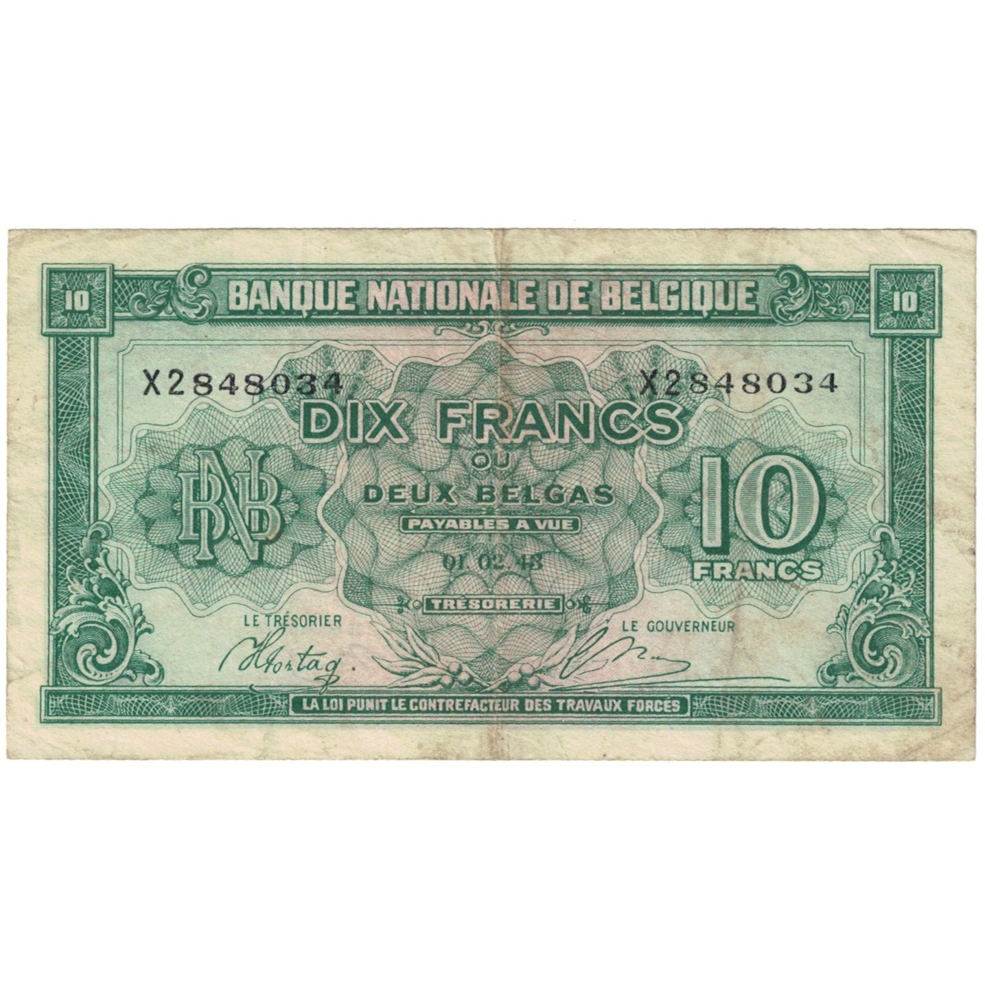Banknote, Belgium, 10 Francs-2 Belgas, 1943-02-01, KM:122, VF(20-25)