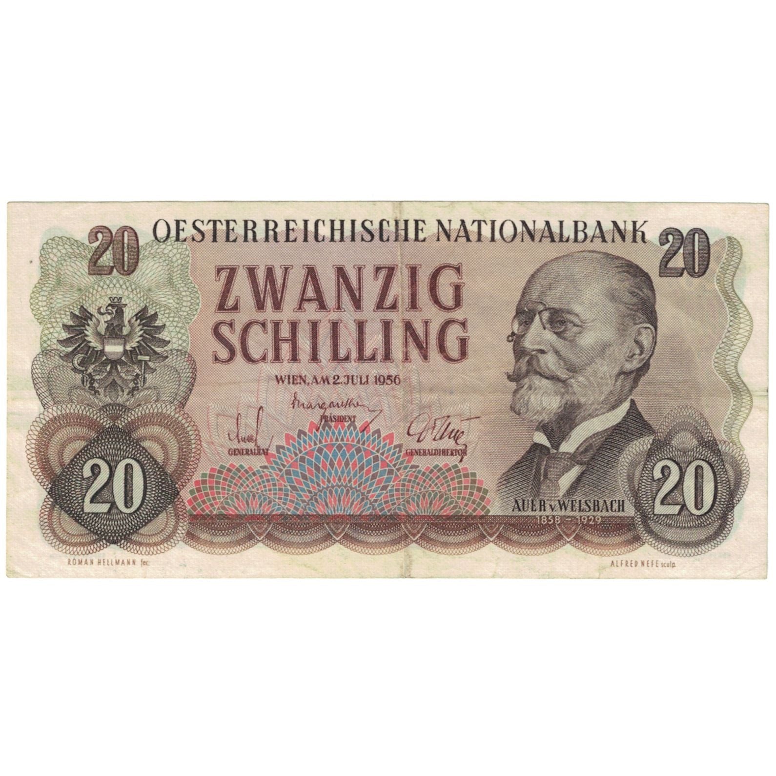 Banknote, Austria, 20 Schilling, 1956, 1956-07-02, KM:136a, VF(30-35)