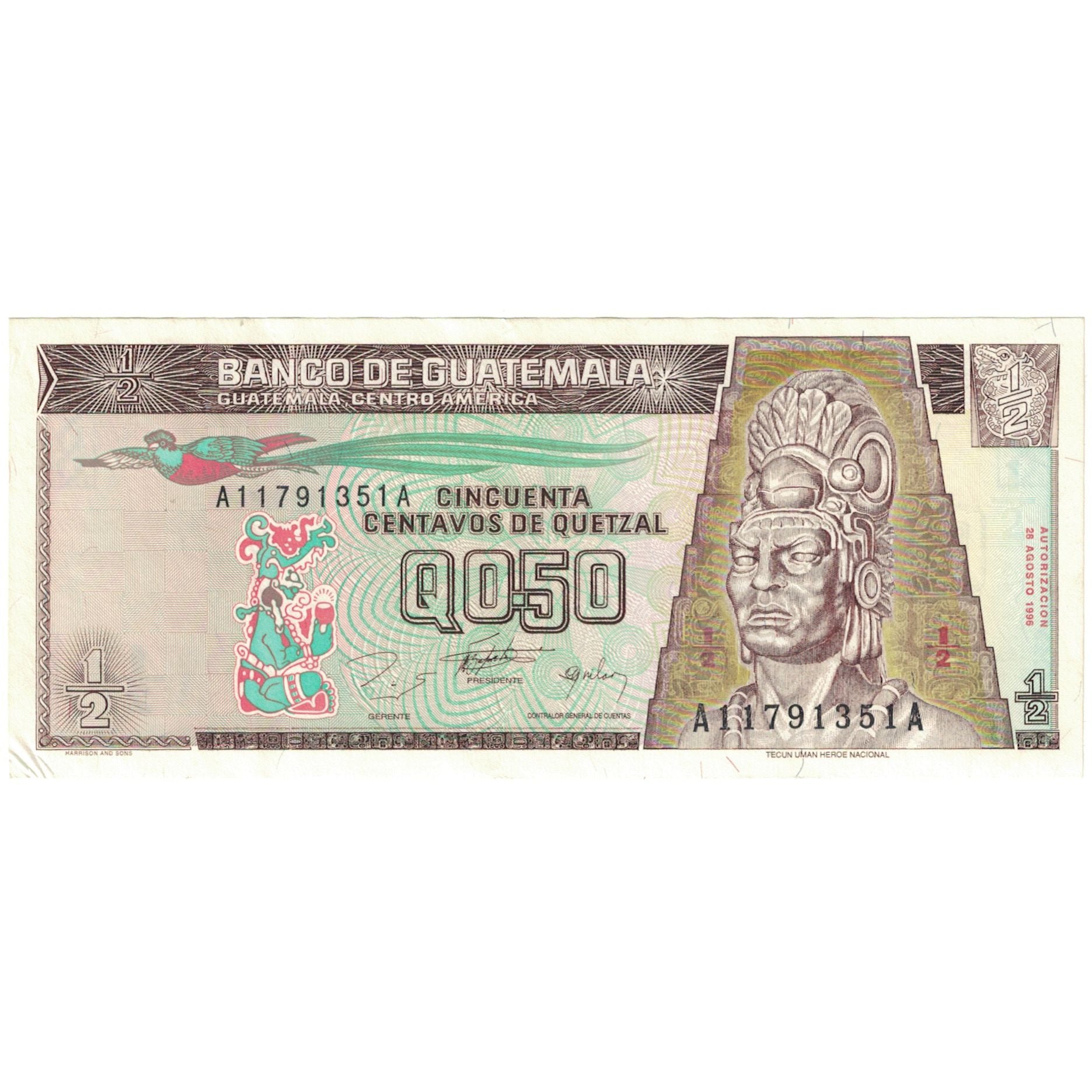 Banknote, Guatemala, 1/2 Quetzal, 1996-08-28, KM:96a, UNC(65-70)