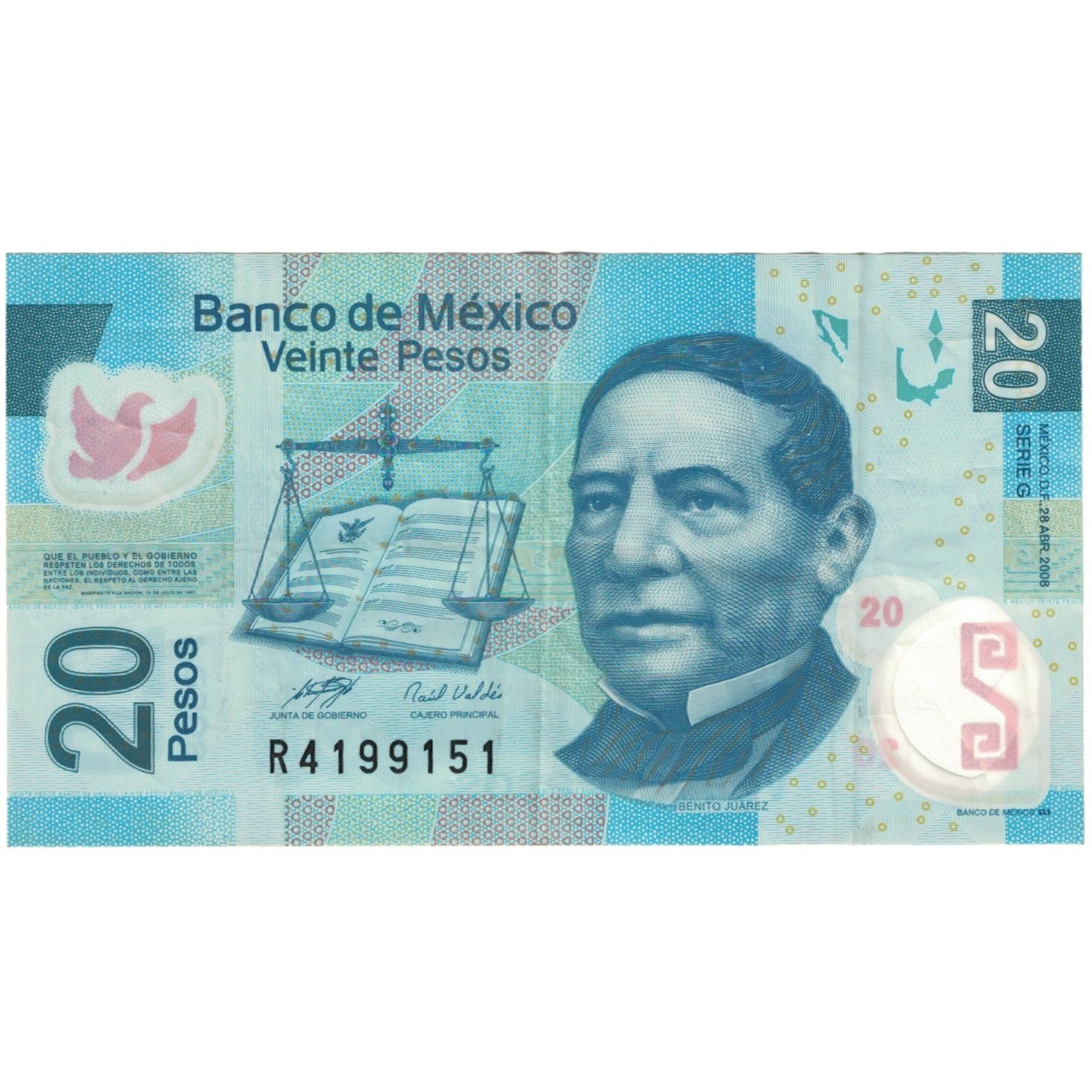 Billete, 20 Pesos, 2008, México, 2008-04-28, KM:122e, BC+