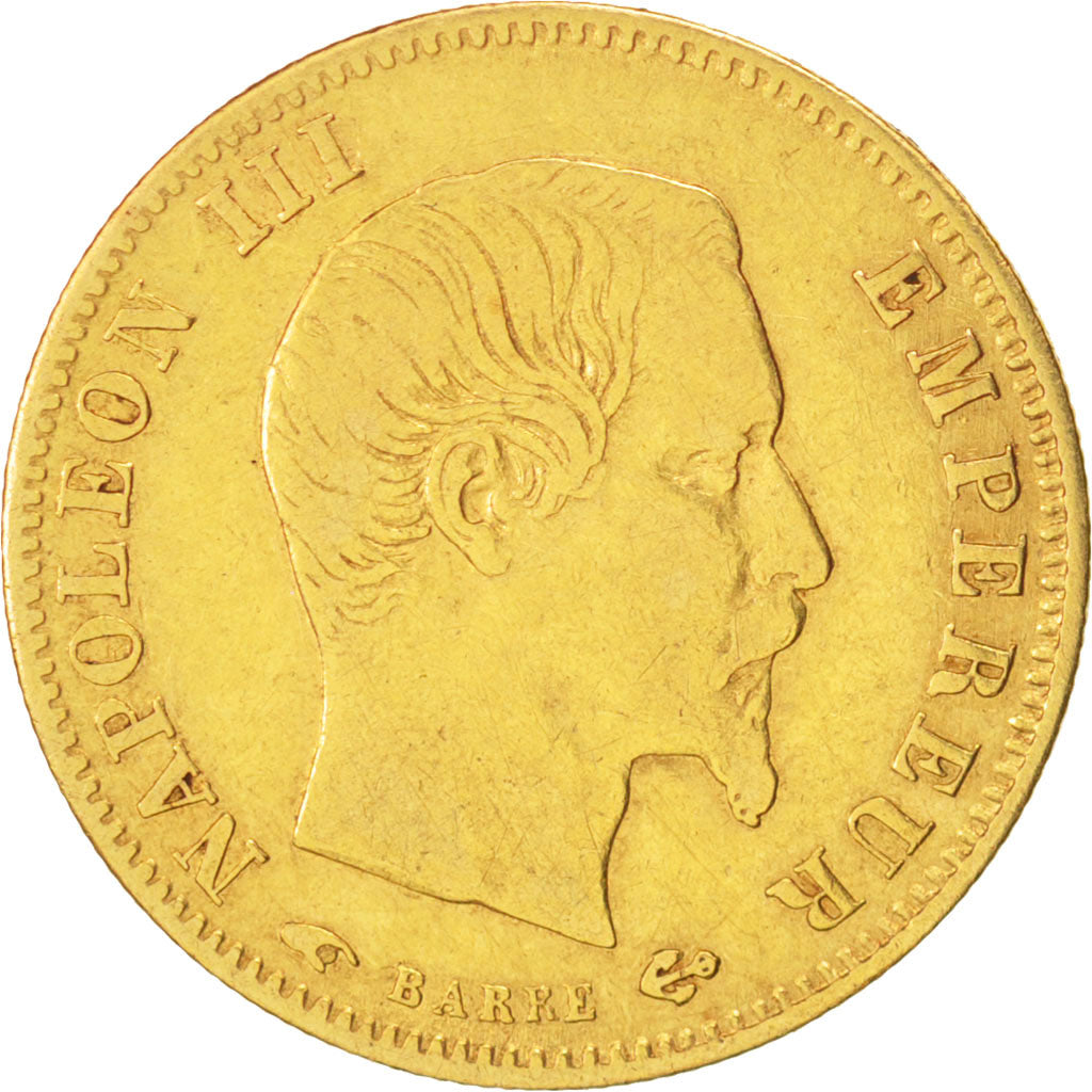 Francia, 5 Francs, 1858, Paris, MB+, Oro, KM:787.1, Gadoury:1001