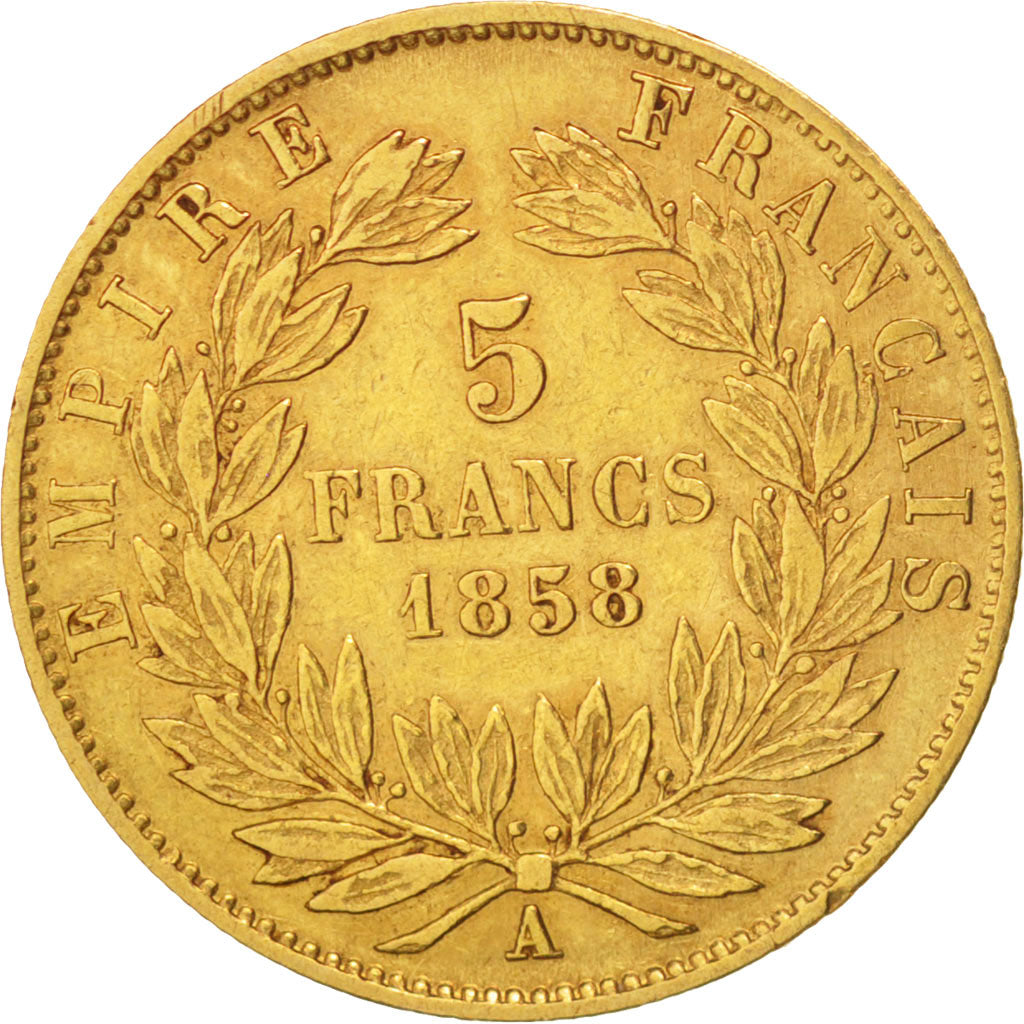 Francia, 5 Francs, 1858, Paris, MB+, Oro, KM:787.1, Gadoury:1001