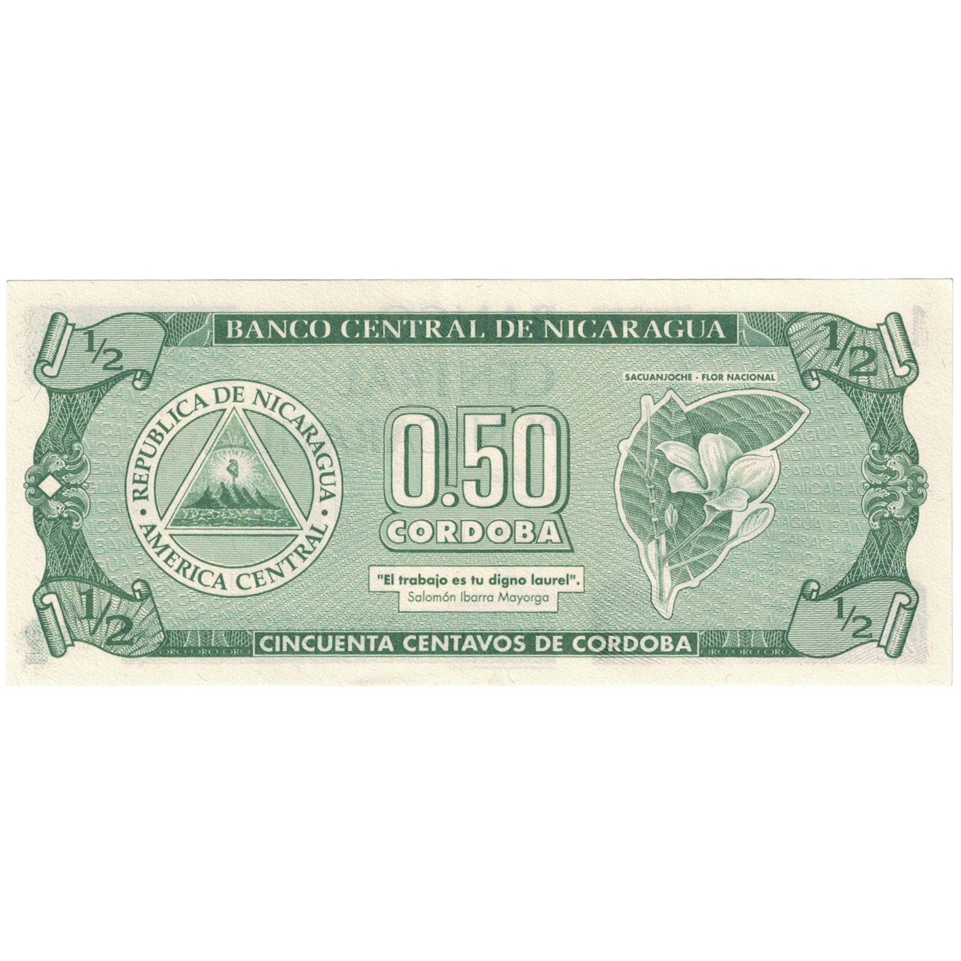Banknote, Nicaragua, 1/2 Cordoba, Undated (1990), KM:172, UNC(65-70)