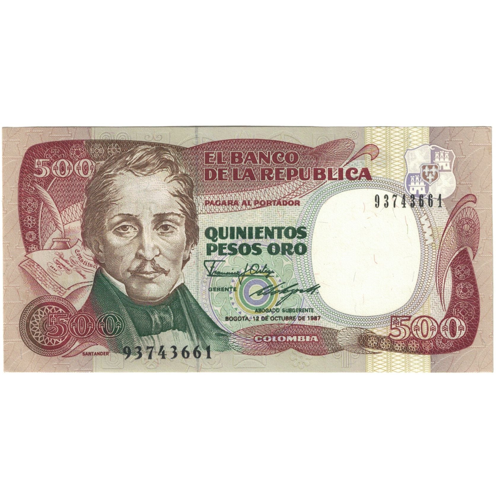 Banknote, Colombia, 500 Pesos Oro, 1987, 1987-10-12, KM:431, AU(55-58)