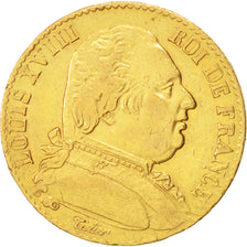 Francia, Louis XVIII, 20 Francs, 1815, Paris, MBC, Oro, KM:706.1
