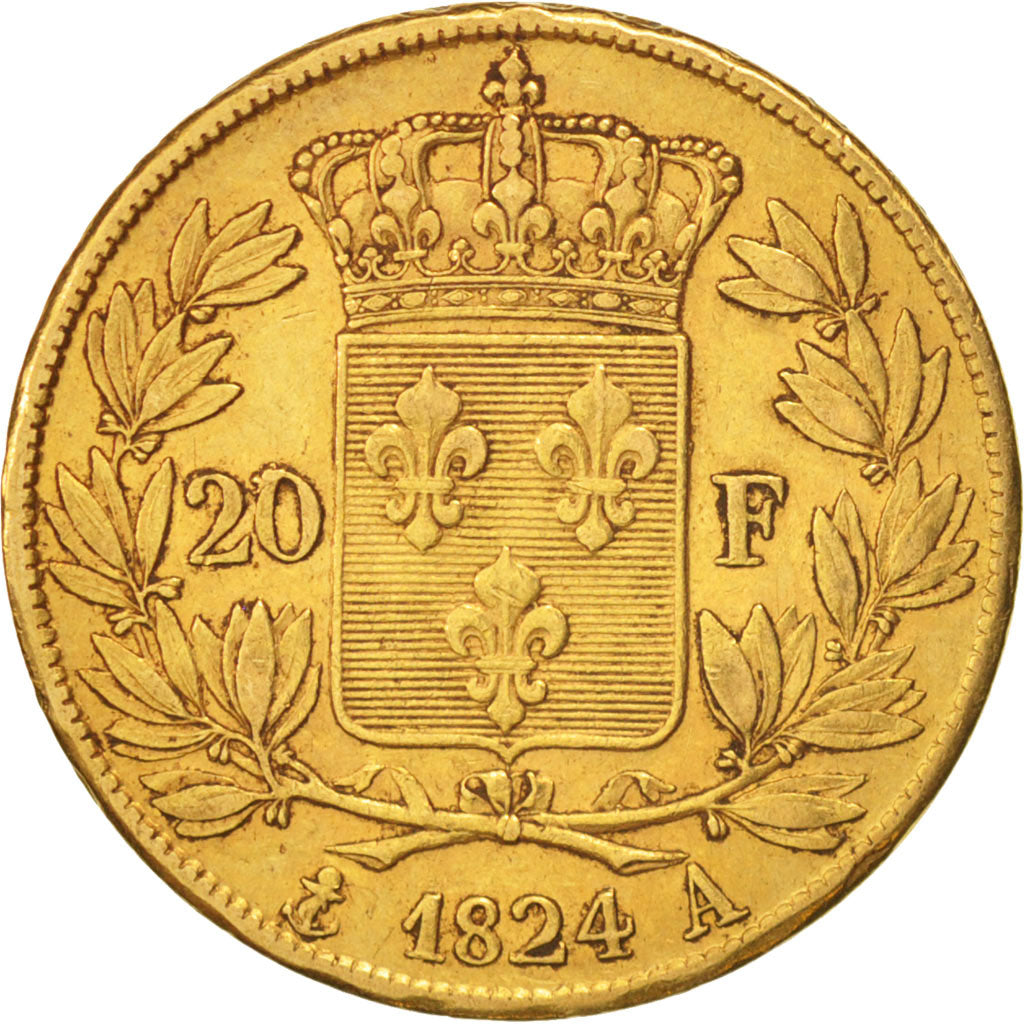 France, Louis XVIII, 20 Francs, 1824, Paris, EF(40-45), Gold, KM 712.1