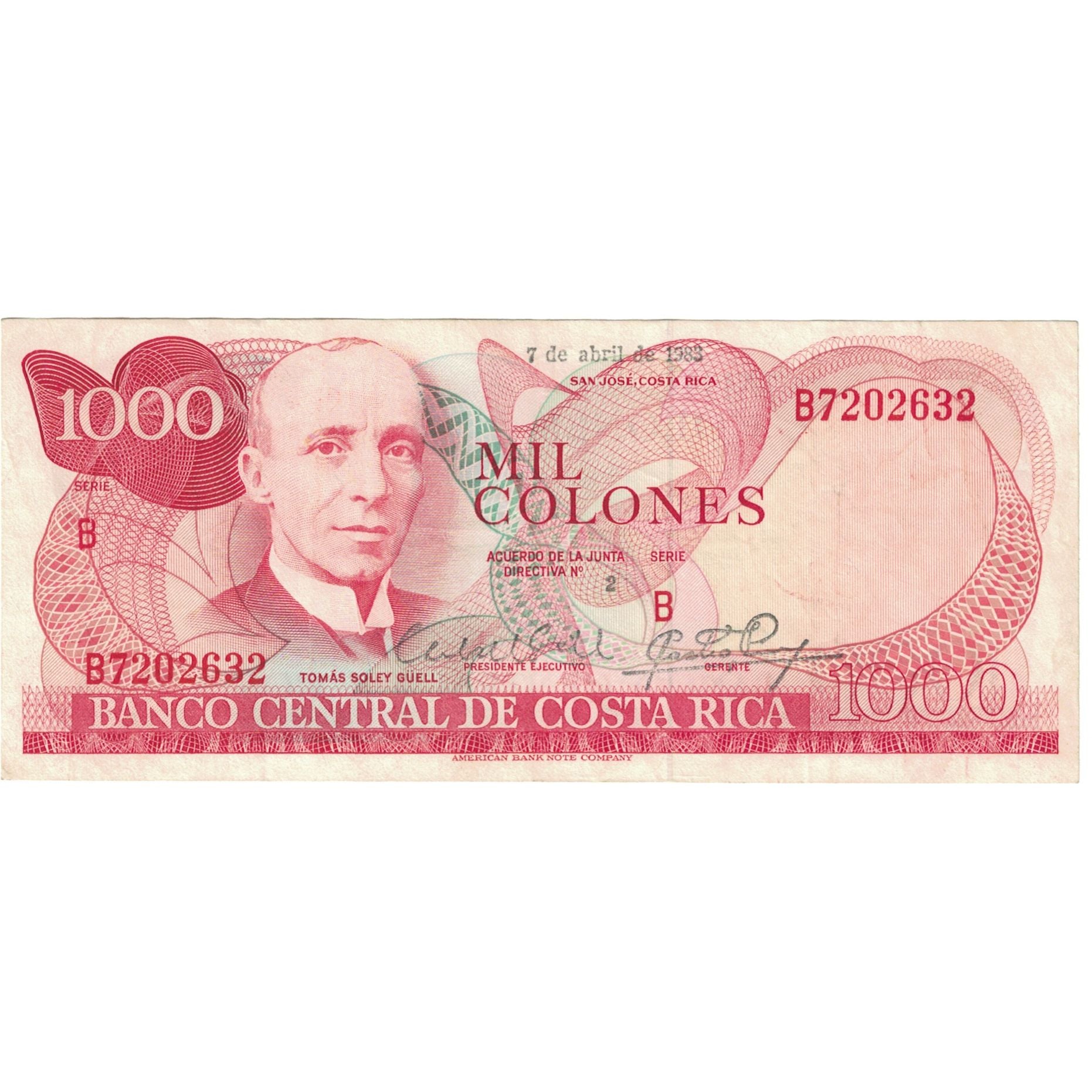Billete, 1000 Colones, 1983, Costa Rica, 1983-04-07, KM:250, MBC