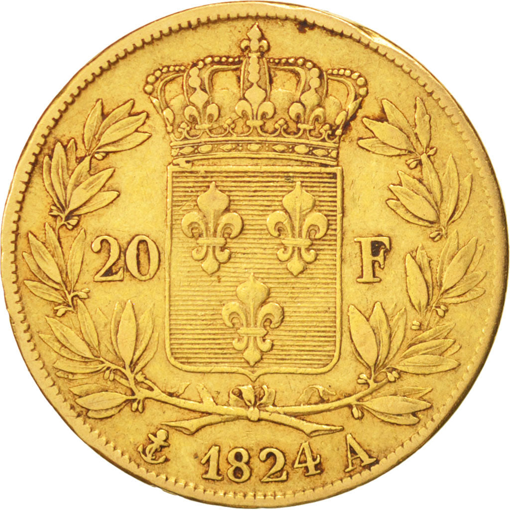 France, Louis XVIII, 20 Francs, 1824, Paris, EF(40-45), Gold, KM 712.1