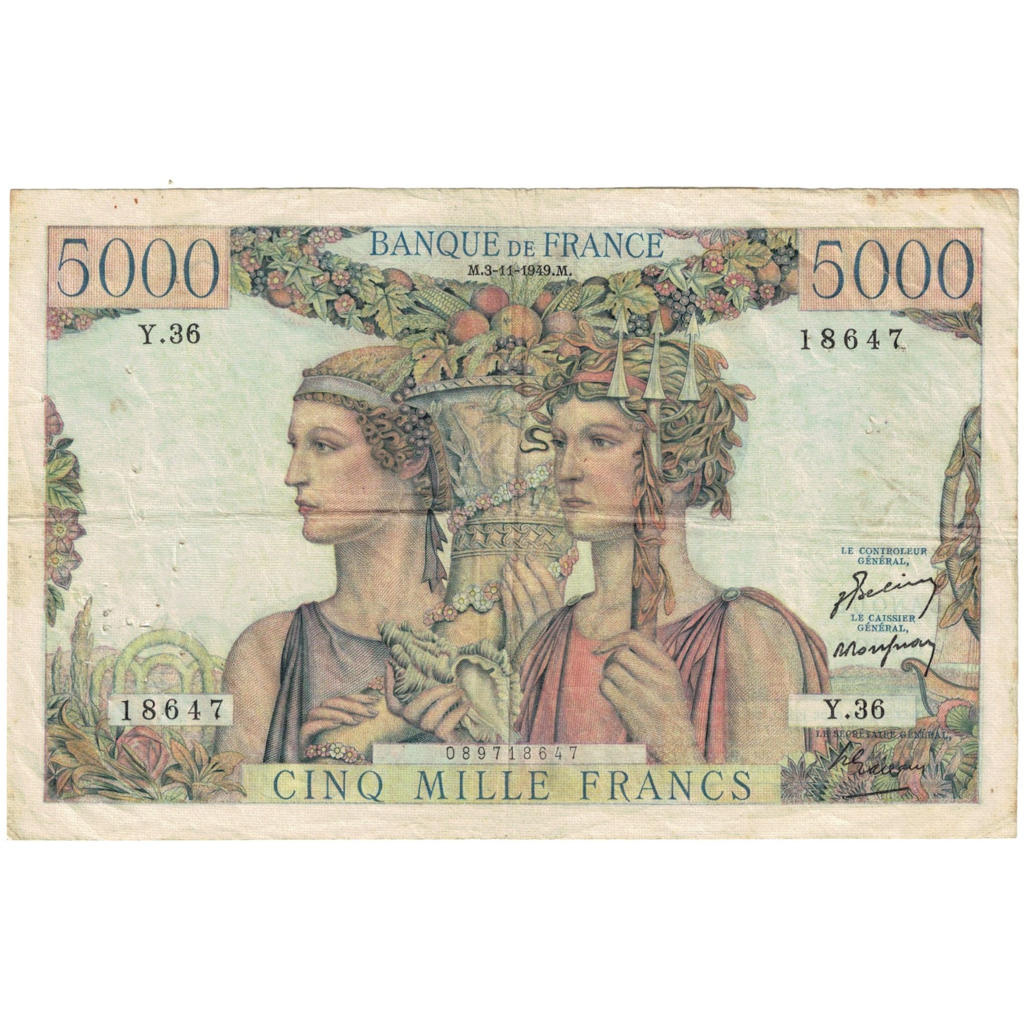 Francja, 5000 Francs, Terre et Mer, 1949, Y36, VF(30-35), Fayette:48.2, KM:131a