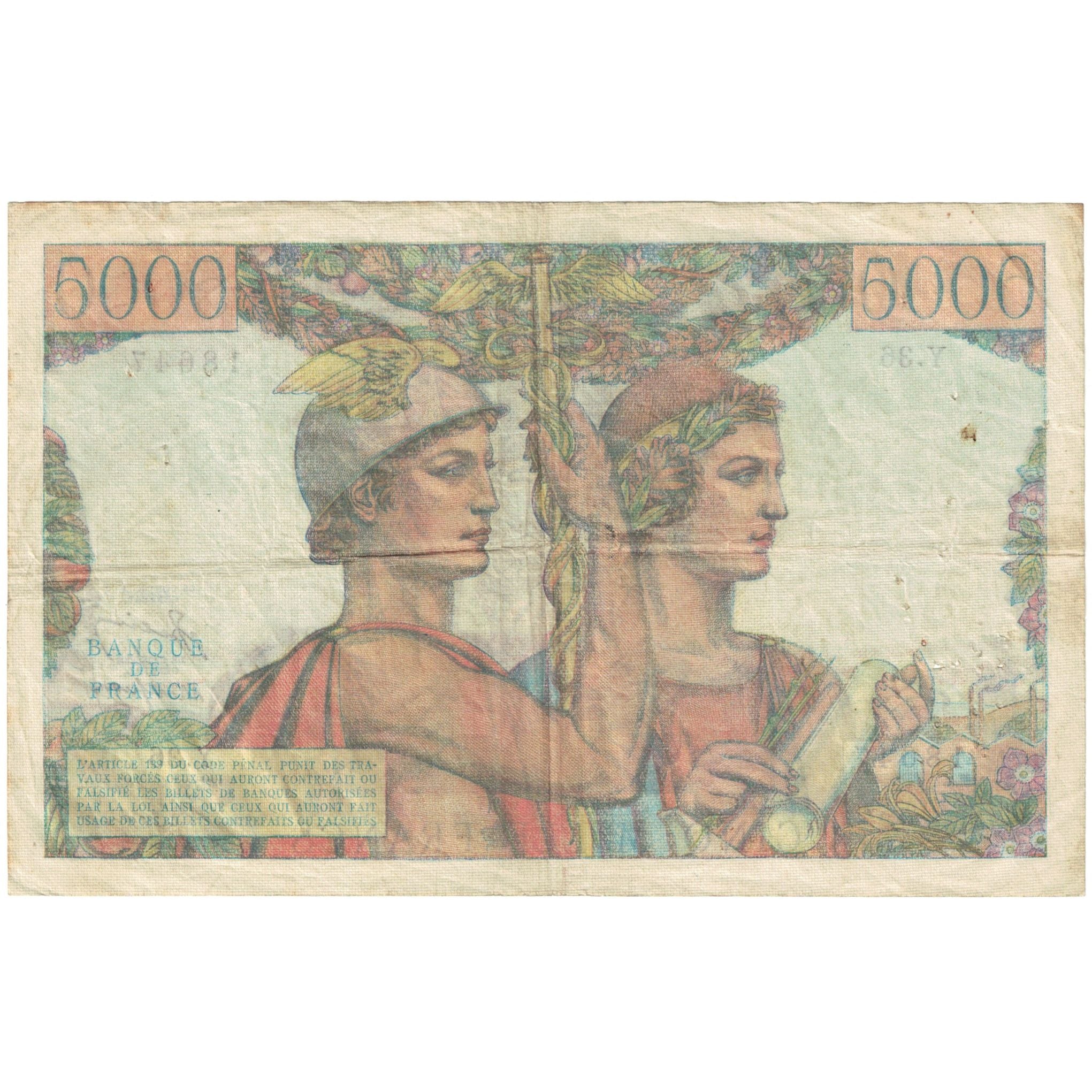 Francja, 5000 Francs, Terre et Mer, 1949, Y36, VF(30-35), Fayette:48.2, KM:131a