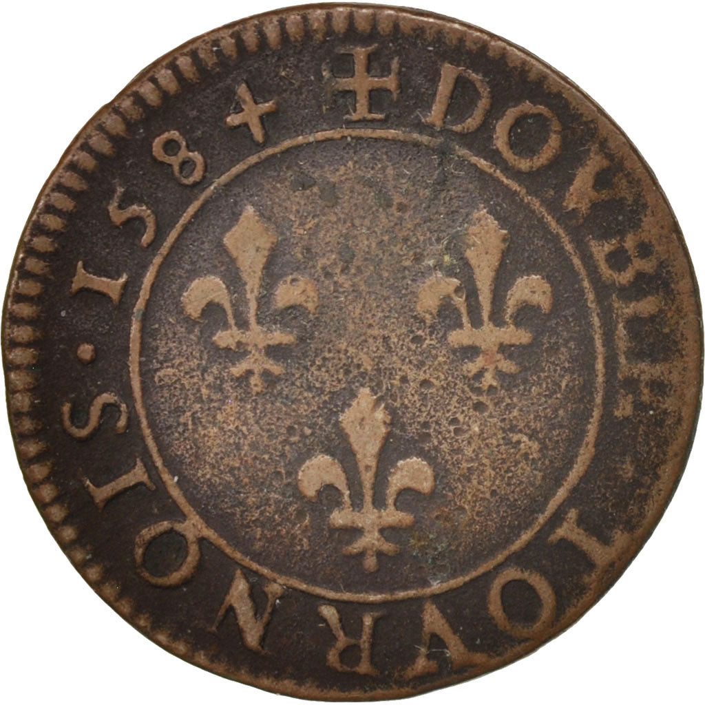 France, Henri III, Double Tournois, 1584, Paris, VF(30-35), Copper, CGKL:84