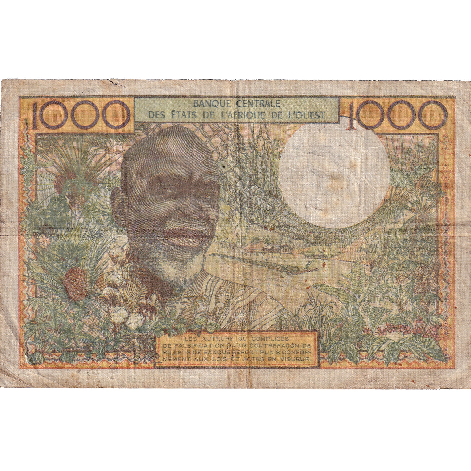 Banknote, West African States, 1000 Francs, Undated (1960), KM:703Kg, VG(8-10)