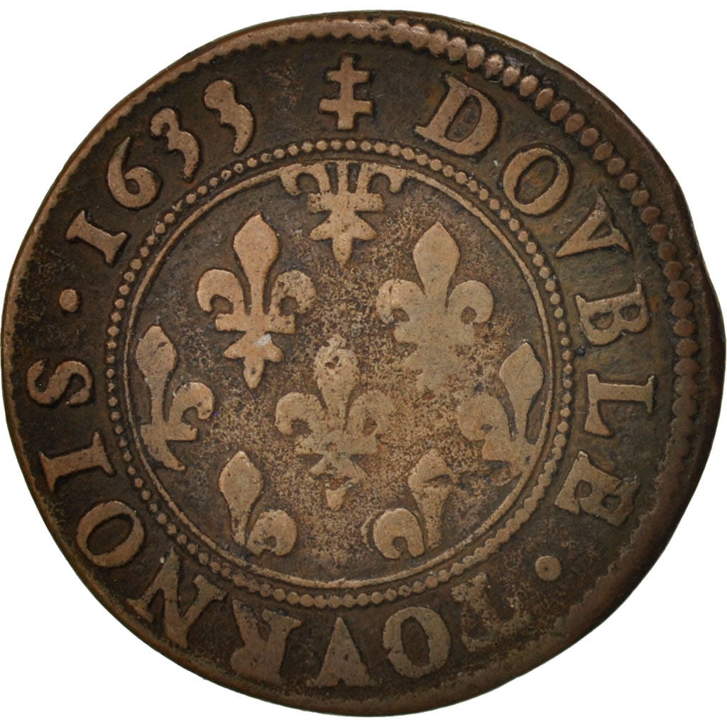 France, Henriette de Lorraine, Double Tournois, 1633, TB, Cuivre, CGKL:698