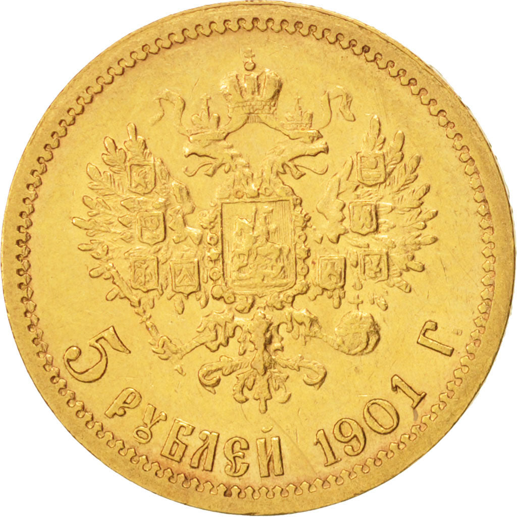 Rusia, Nicholas II, 5 Roubles, 1901, St. Petersburg, MBC+, Oro, KM:62