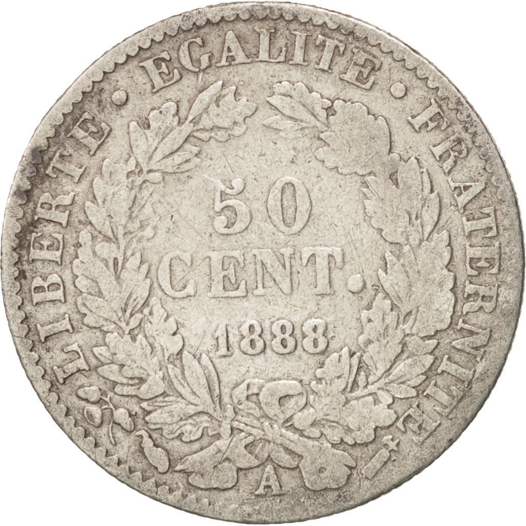 France, Cérès, 50 Centimes, 1888, Paris, VF(20-25), Silver, KM:834.1