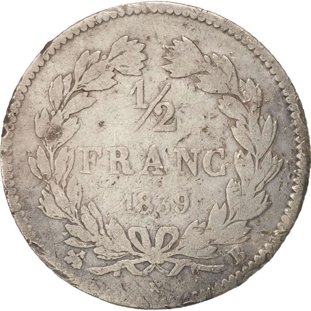 Moneta, Francia, Louis-Philippe, 1/2 Franc, 1839, Rouen, B, Argento, KM:741.2