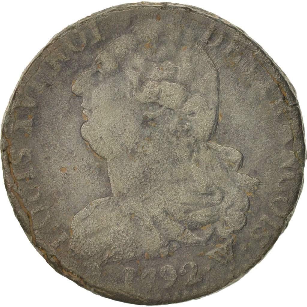France, Louis XVI, 2 sols françois, 1792, Arras, VF(20-25), Bronze,Gadoury25