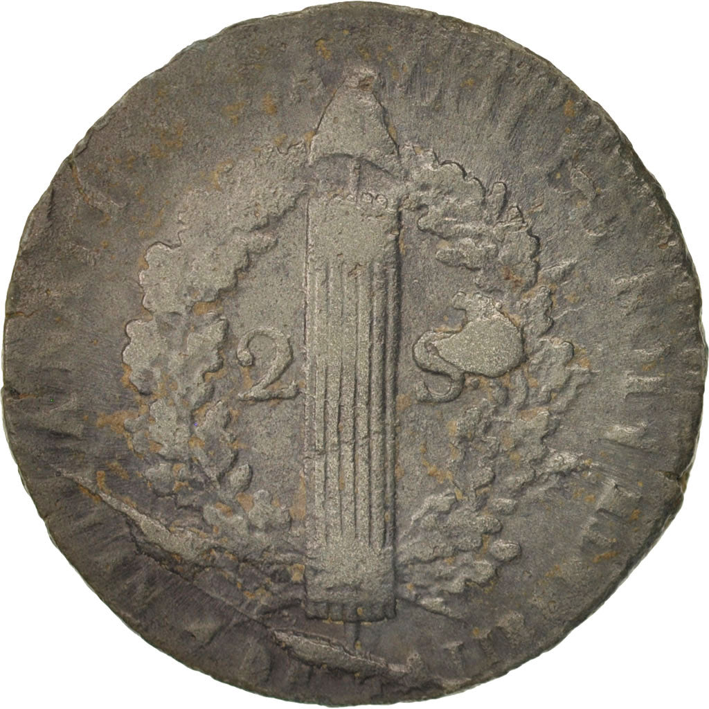 France, Louis XVI, 2 sols françois, 1792, Arras, VF(20-25), Bronze,Gadoury25