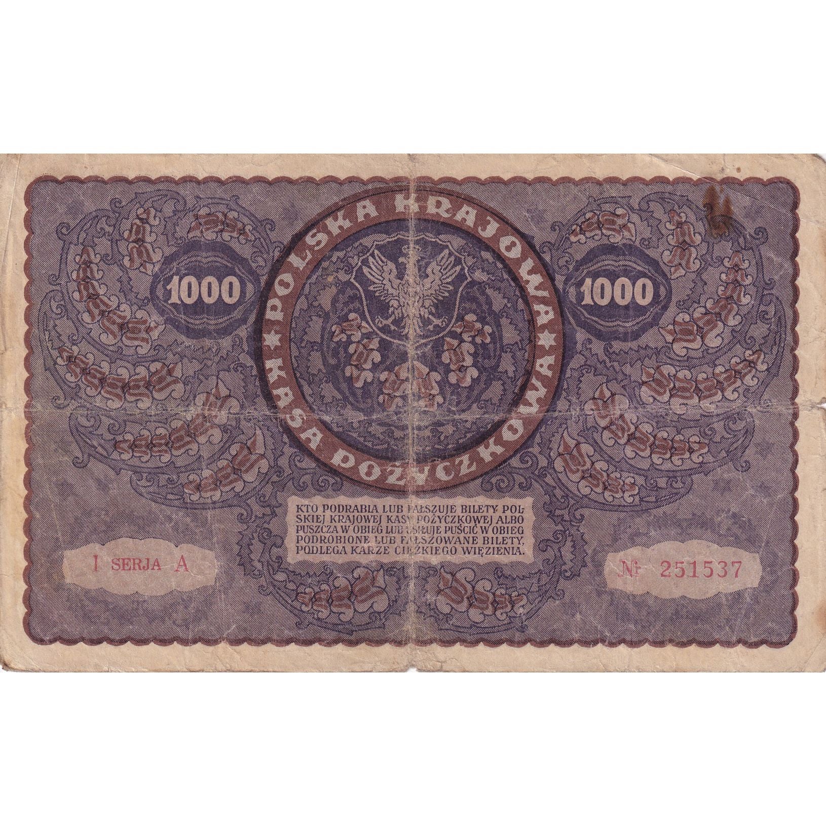 Biljet, Polen, 1000 Marek, 1919, 1919-08-23, KM:29, TB