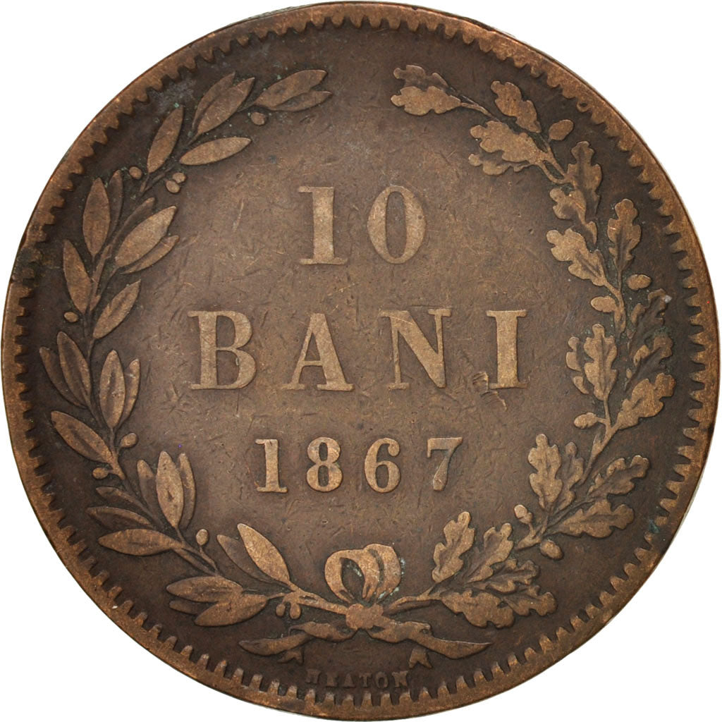 Romania, Carol I, 10 Bani, 1867, Heaton, EF(40-45), Copper, KM:4.1