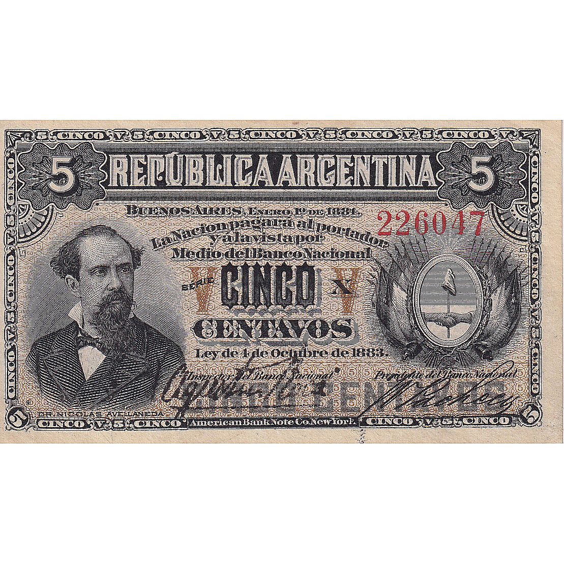 Banknote, Argentina, 5 Centavos, 1883, 1883-10-04, KM:5, EF(40-45)