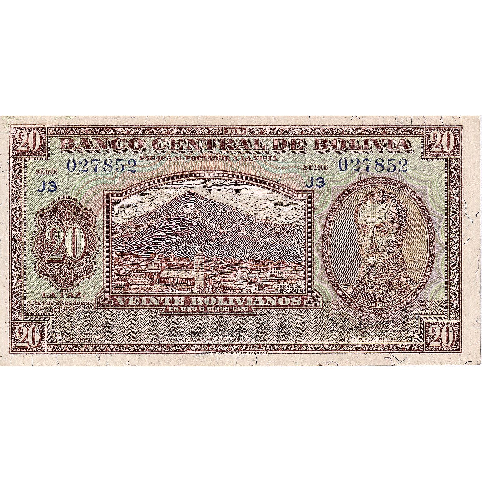 Billete, 20 Bolivianos, 1928, Bolivia, 1928-07-20, KM:131, EBC