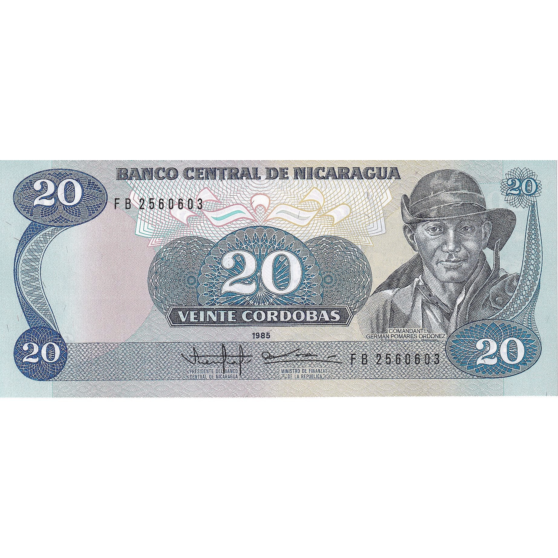 Banconote, Nicaragua, 20 Cordobas, 1985, 1985, KM:152, FDS