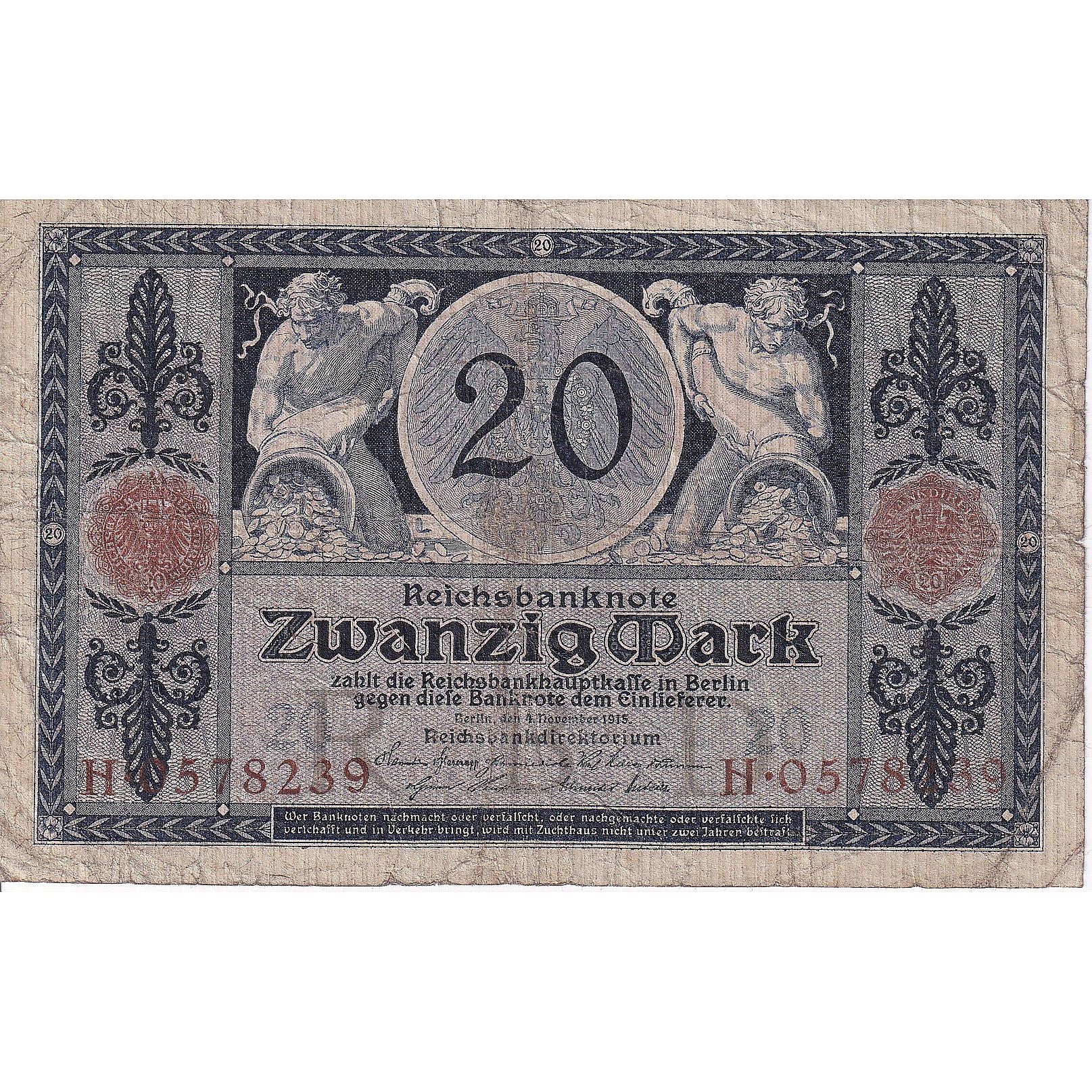Germany, 20 Mark, 1915-1919, 1915-11-04, KM:63, VG(8-10)