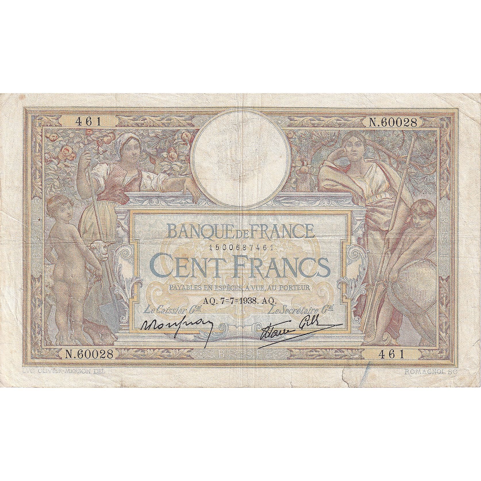 France, 100 Francs, Luc Olivier Merson, 1938, N.60028, VF(30-35), Fayette:25.25