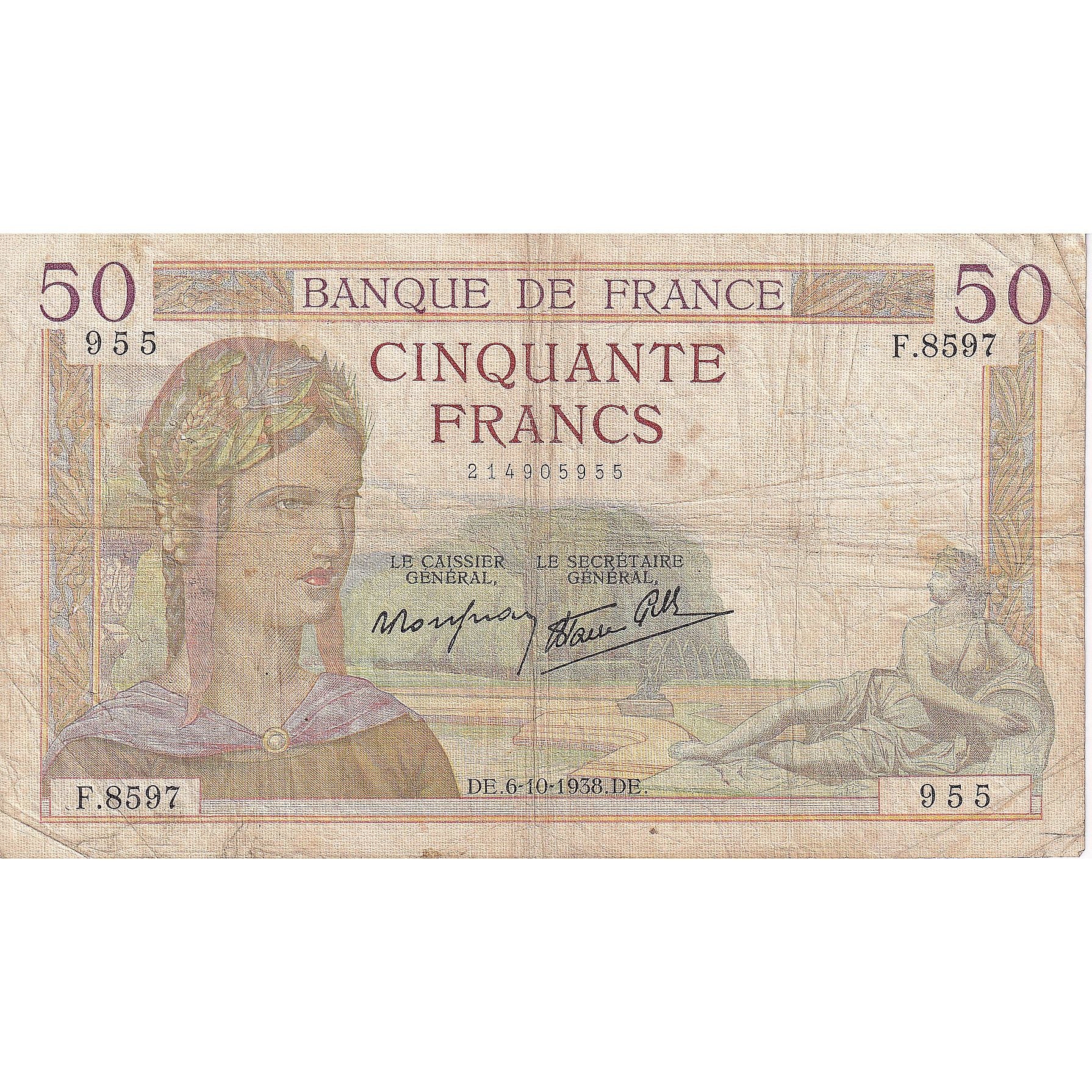 France, 50 Francs, Cérès, 1938, F.8597, TB, Fayette:18.15, KM:85b