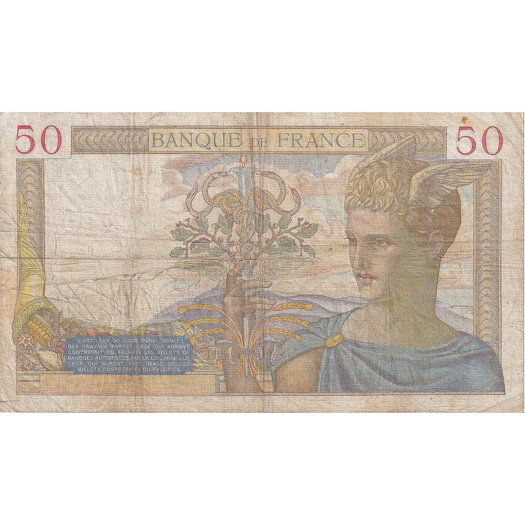France, 50 Francs, Cérès, 1938, F.8597, TB, Fayette:18.15, KM:85b