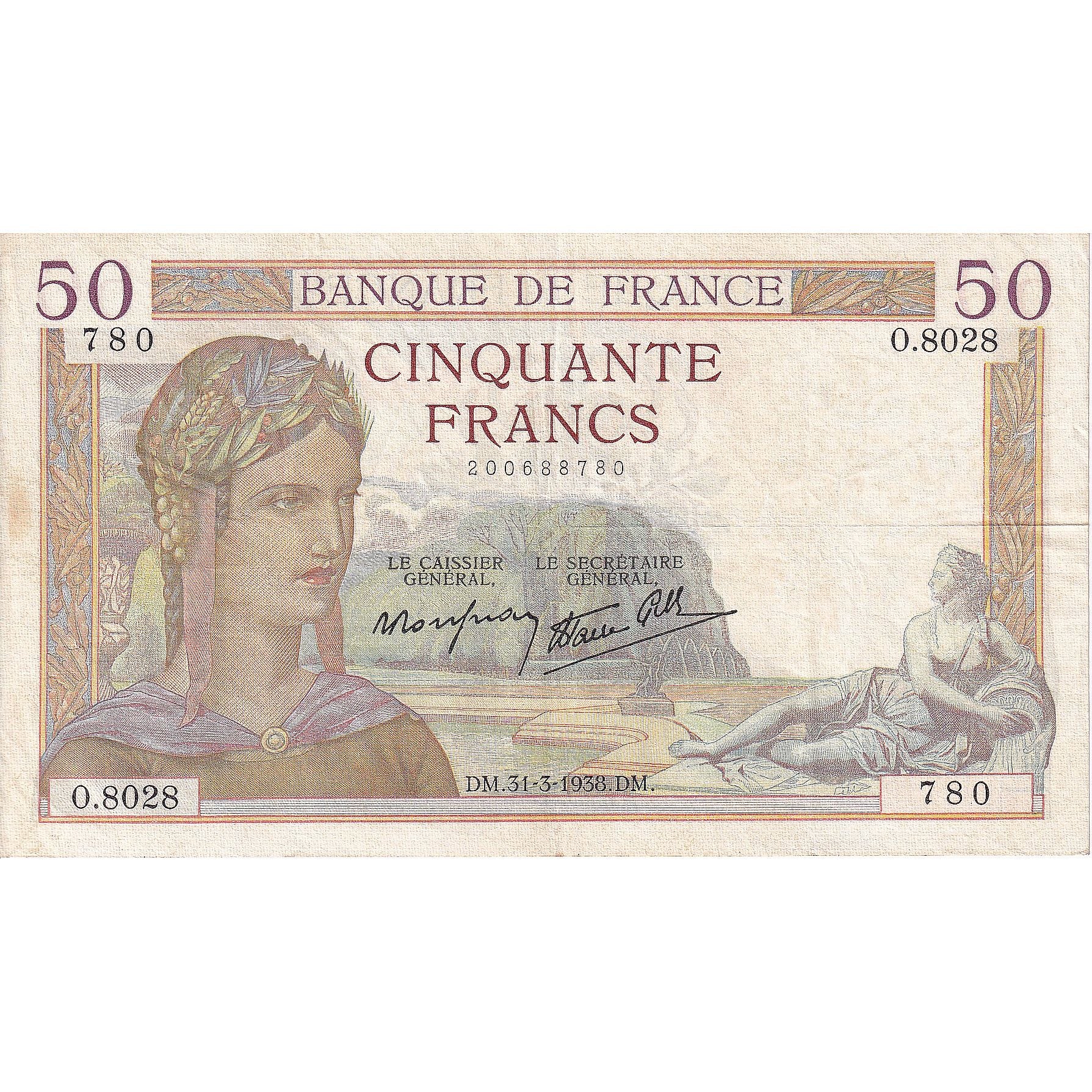 Frankrijk, 50 Francs, Cérès, 1938, O.8028, TTB, Fayette:18.11, KM:85b
