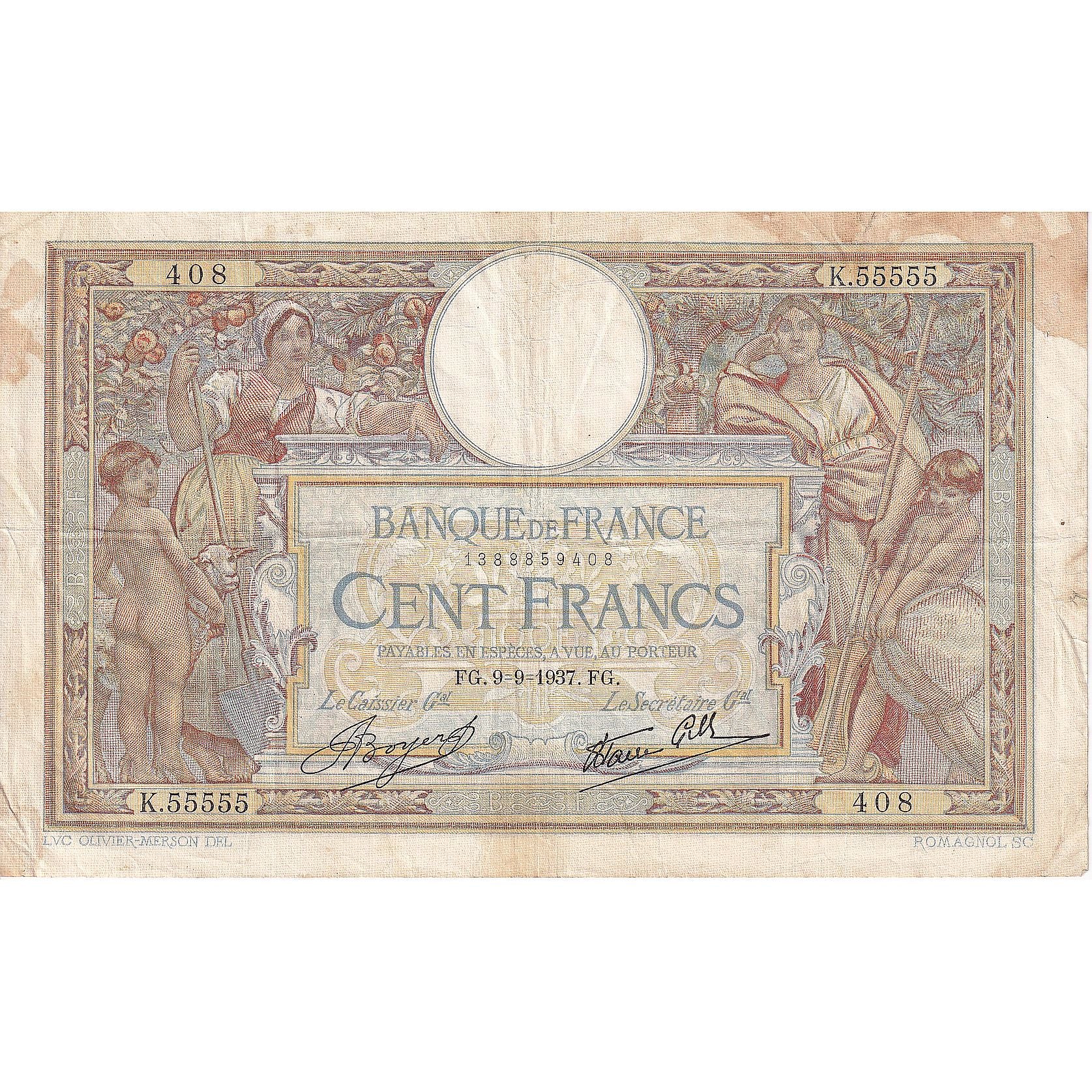 France, 100 Francs, Luc Olivier Merson, 1937, K.55555, VF(30-35)