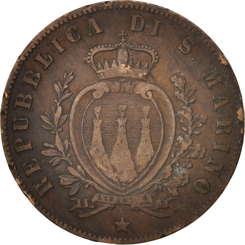 San Marino, 5 Centesimi, 1869, VF(30-35), Copper, KM:1