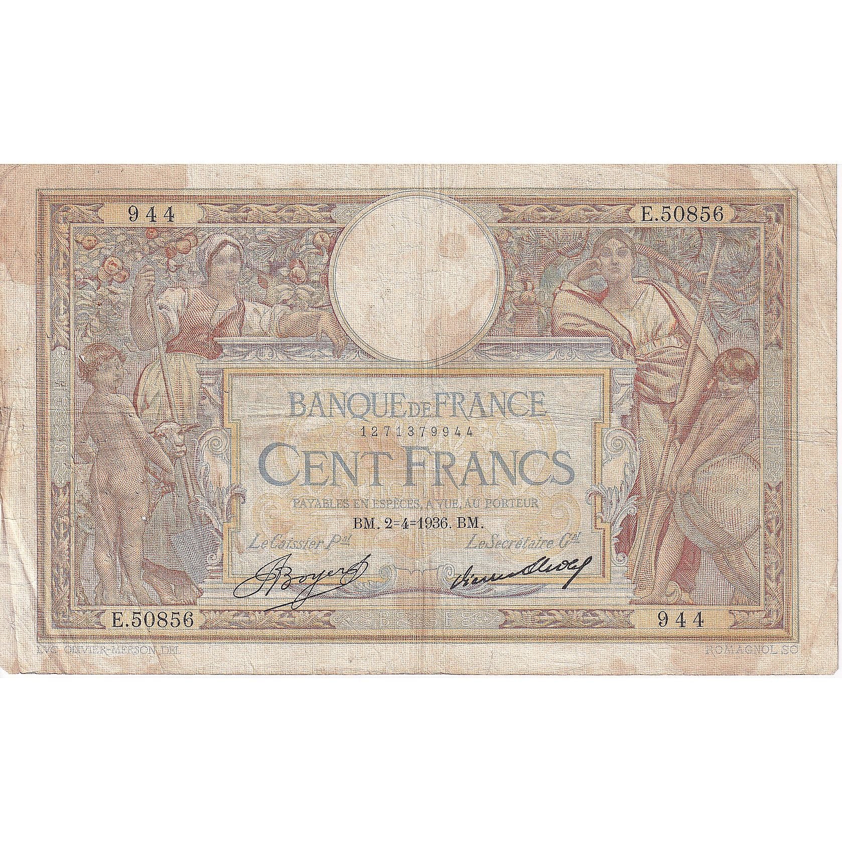 Francja, 100 Francs, Luc Olivier Merson, 1936, E.50856, VF(20-25)