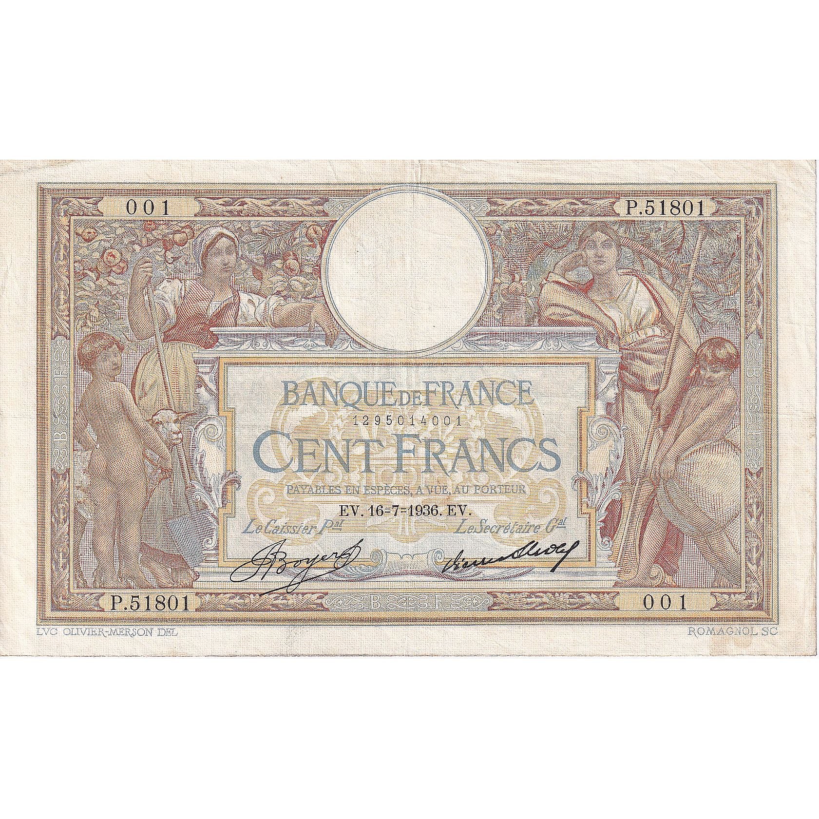 Francja, 100 Francs, Luc Olivier Merson, 1936, P.51801, EF(40-45)